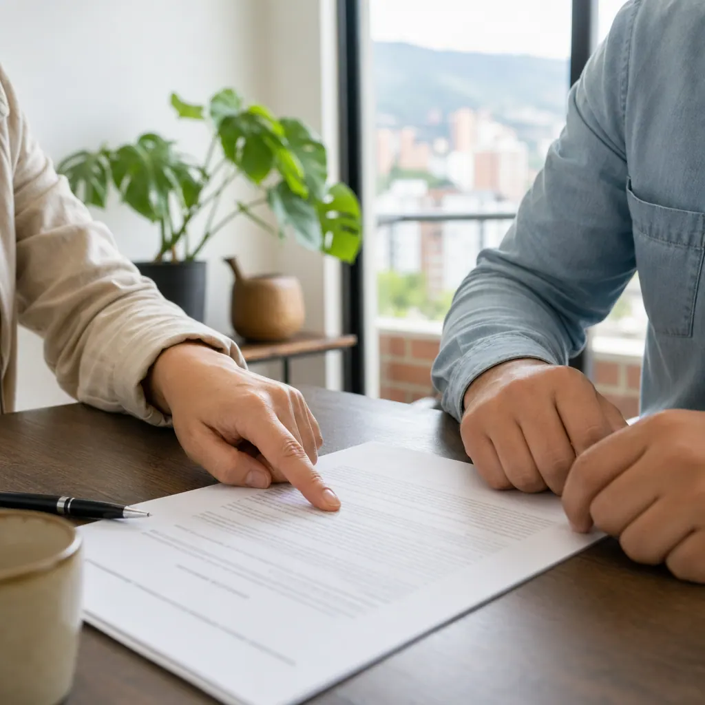 Two people reviewing a rental contract at a table in a Colombian apartment