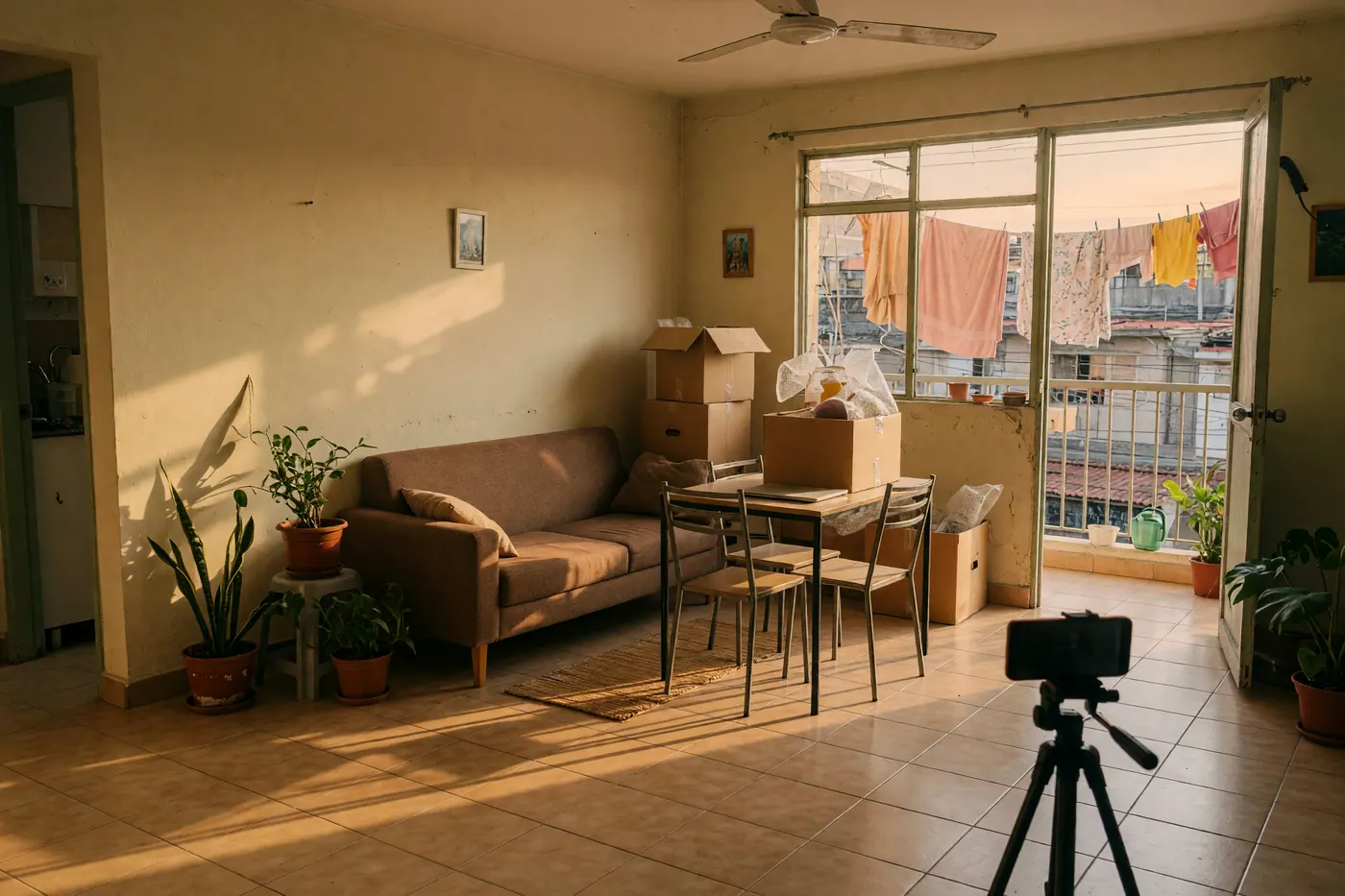 Colombian apartment living room with tiled floor, moving boxes, balcony laundry, plants, and a phone on a tripod