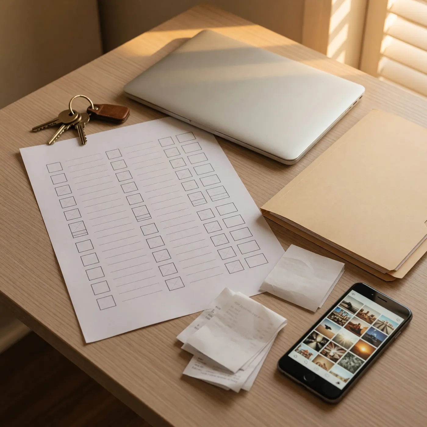Blank contents checklist beside keys, a closed laptop, folders, receipts, and a phone with inventory photos