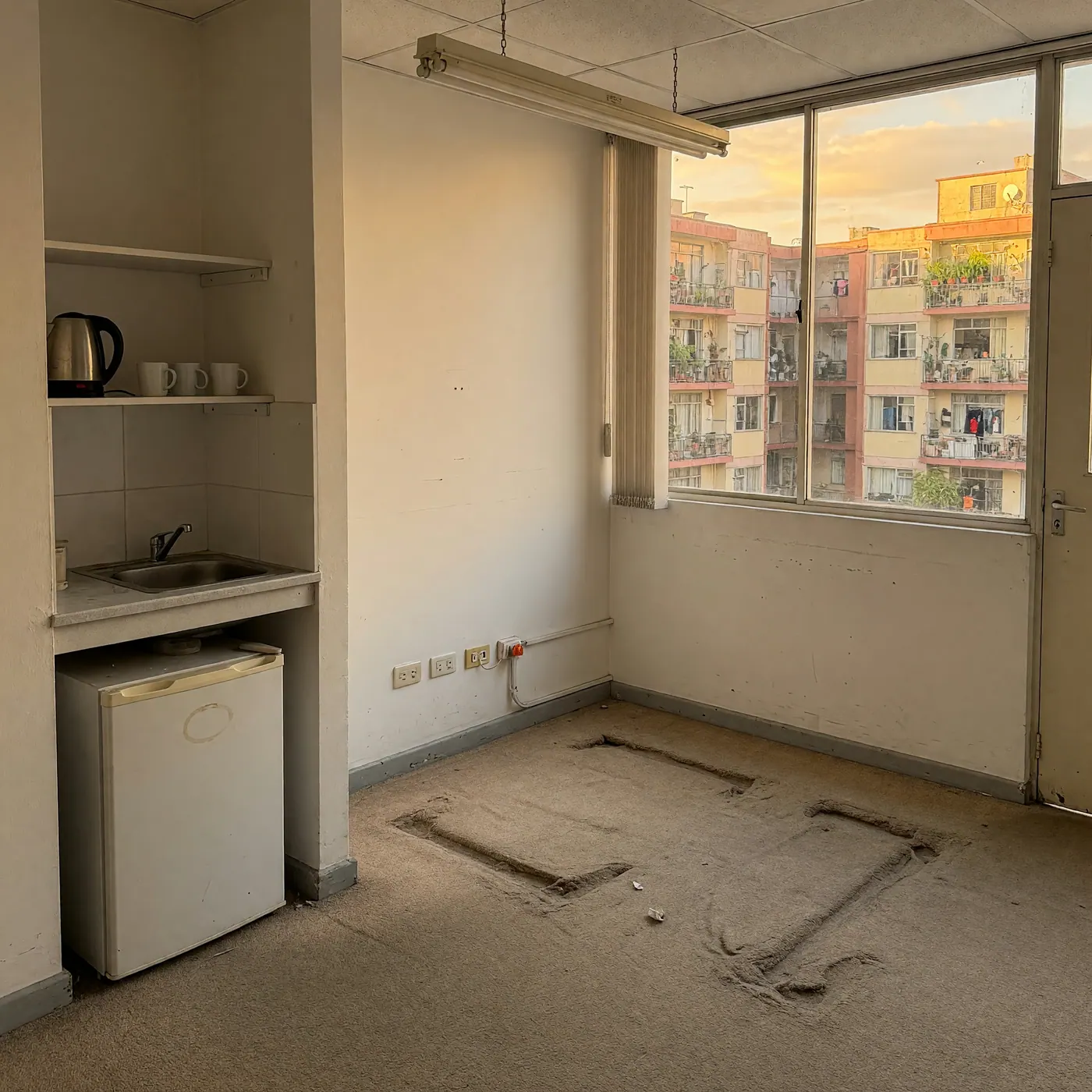 Empty small office with worn carpet desk marks, fluorescent tube light, kitchenette sink and outlets, window onto a planted mid-rise courtyard