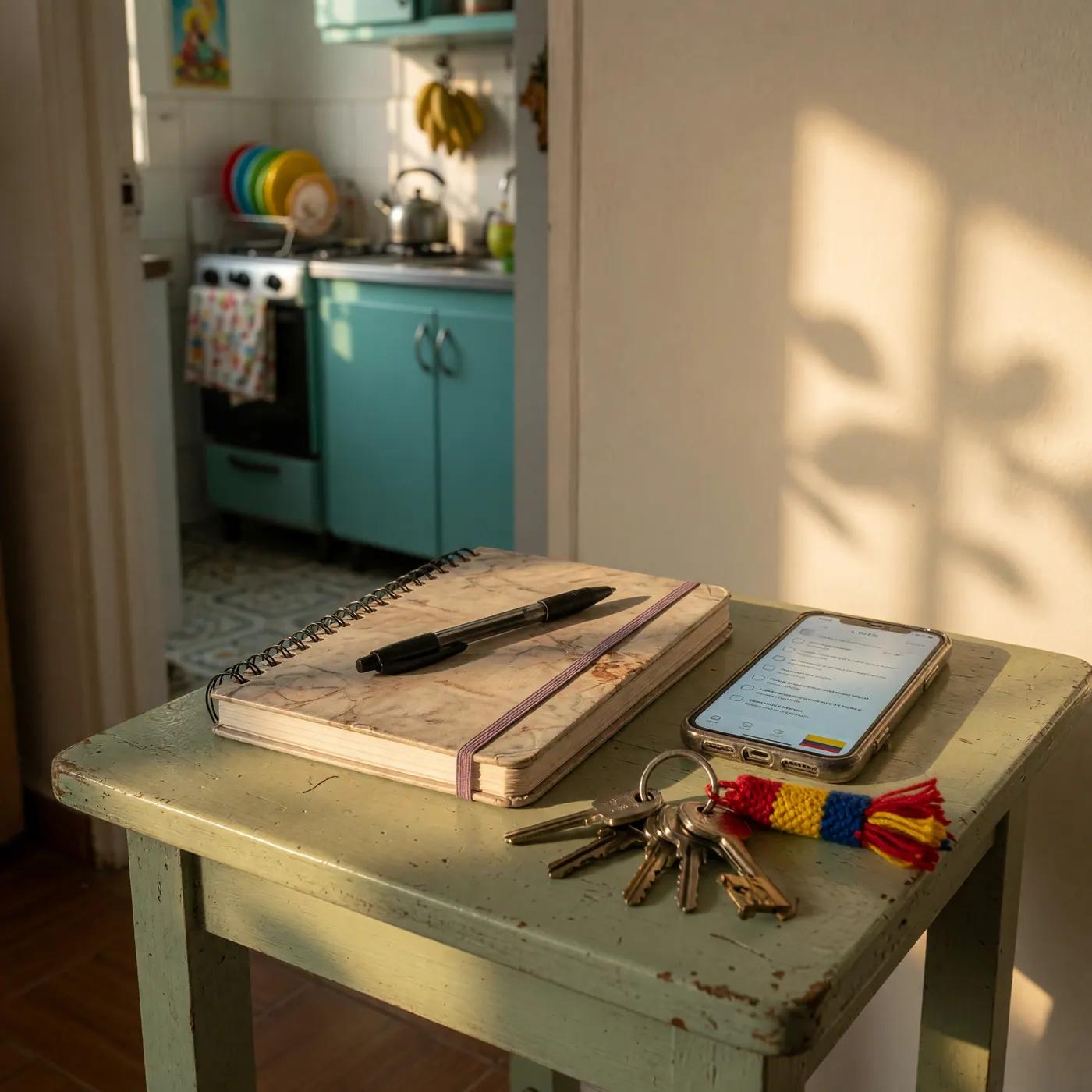 A renter's notebook and phone checklist next to a set of keys on a small table in a Colombian apartment, with a shared kitchen doorway behind