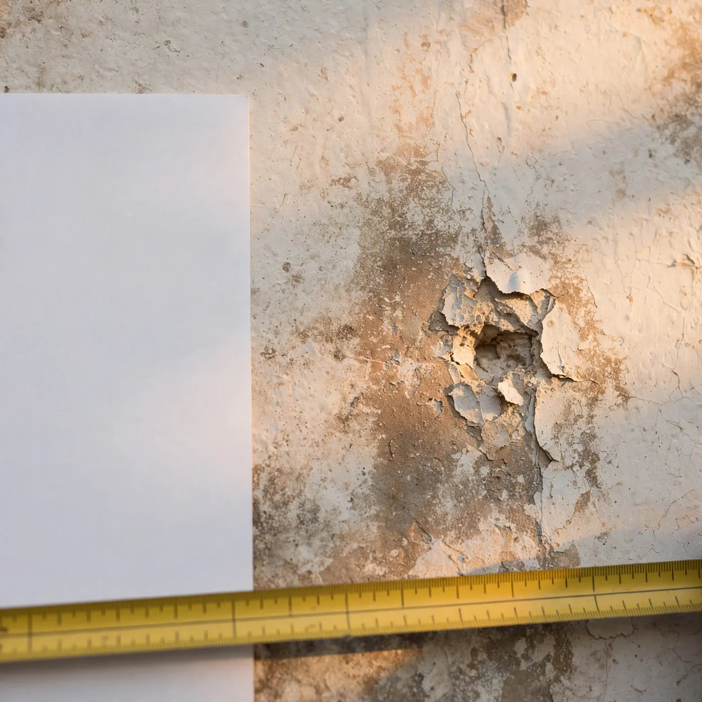 Detalle de una pared con un hueco pequeño junto a pintura opacada por el tiempo y una cinta métrica al margen