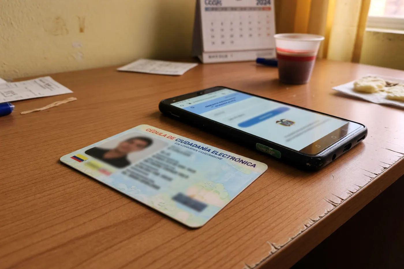 Cédula digital colombiana en policarbonato sobre una mesa de madera junto a un teléfono celular.