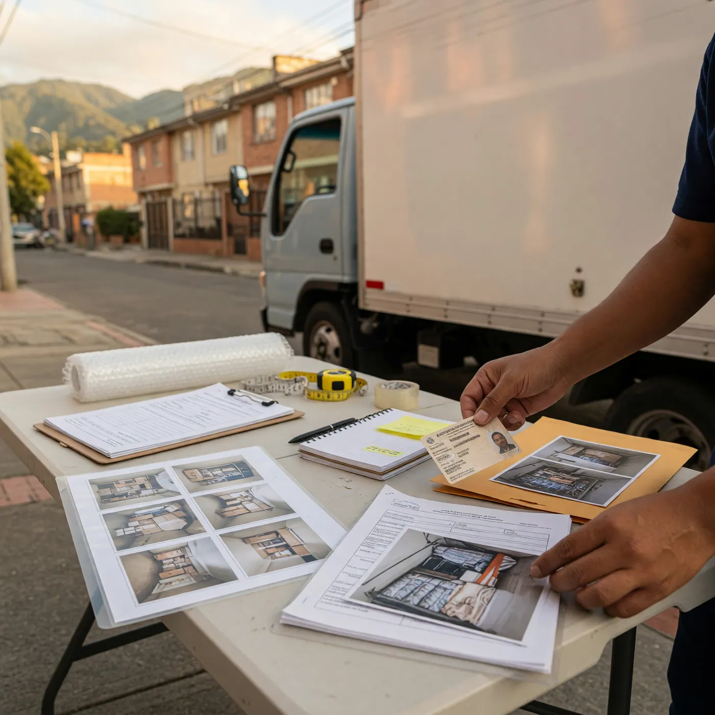Profesional de mudanzas revisando su licencia de conducción junto a un camión en una calle residencial.