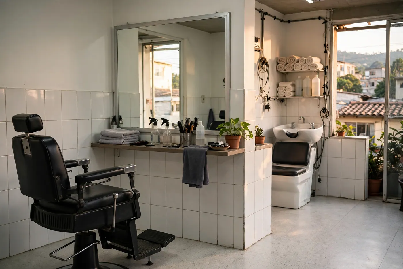 Barbería de barrio con silla de corte, espejo y lavacabezas al fondo, con pisos y paredes claros
