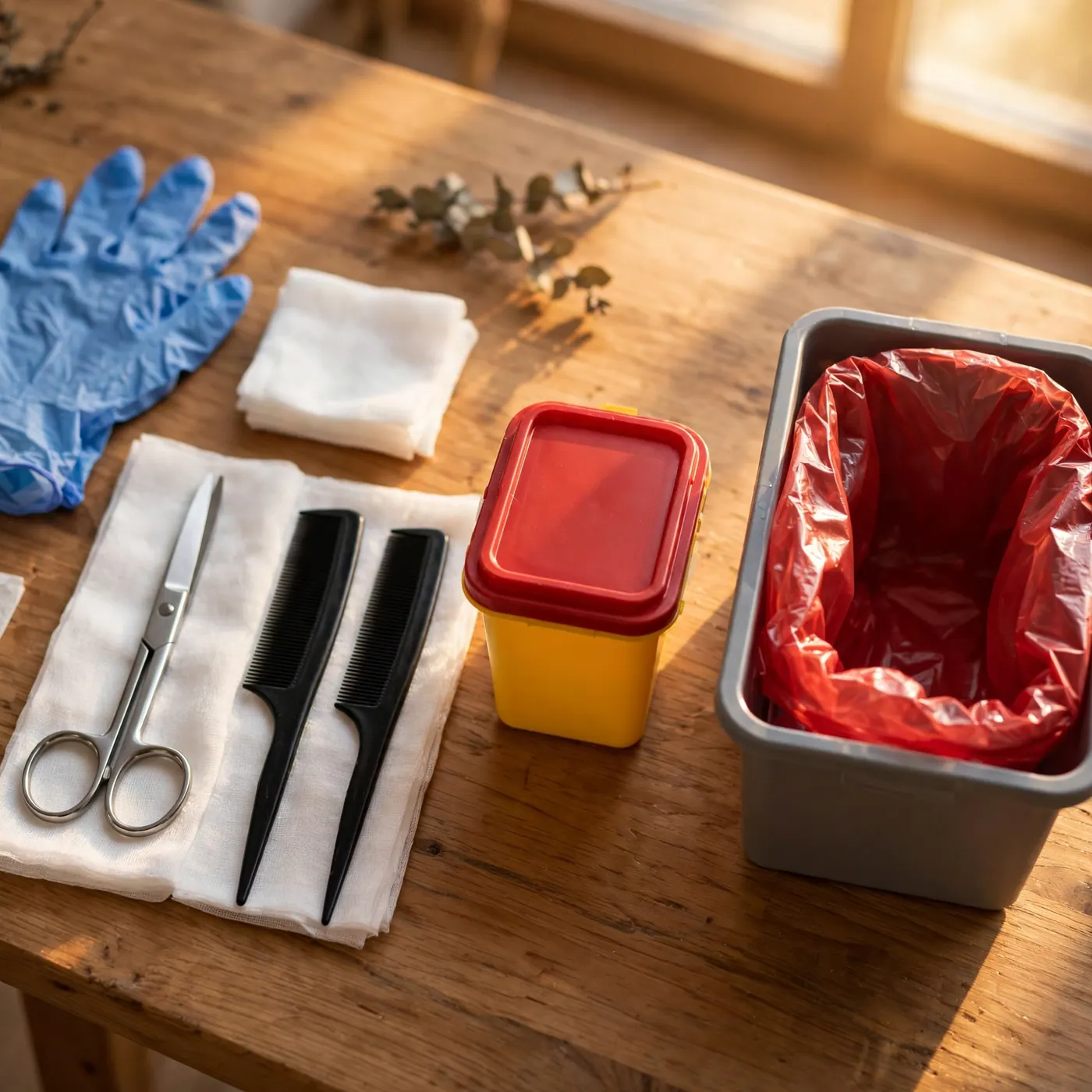 Mesa con tijeras y peines limpios junto a un guardián de cortopunzantes y una bolsa roja en recipiente aparte