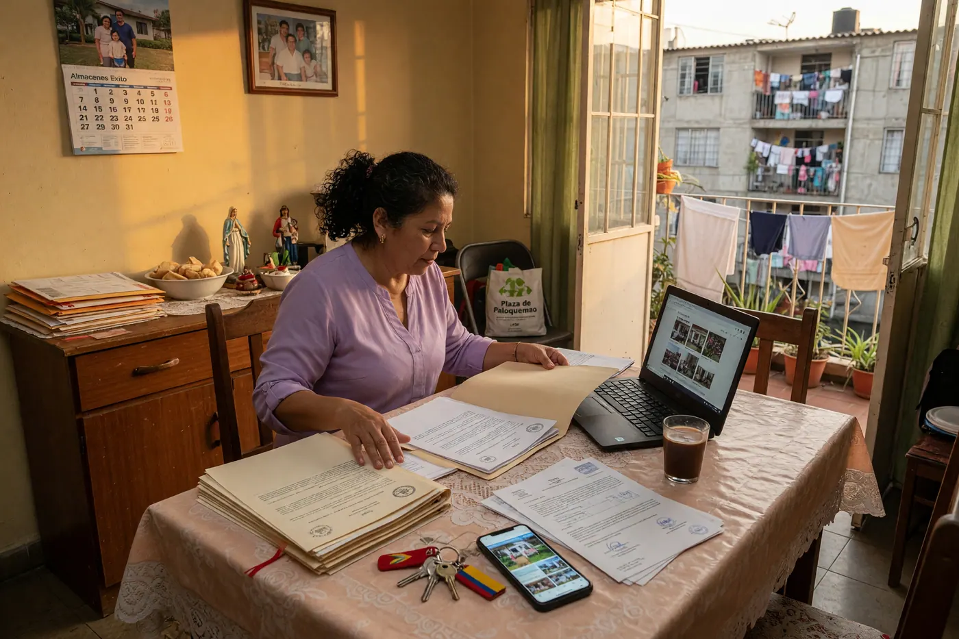 Documentos de venta de inmueble, llaves, celular y computador organizados sobre una mesa
