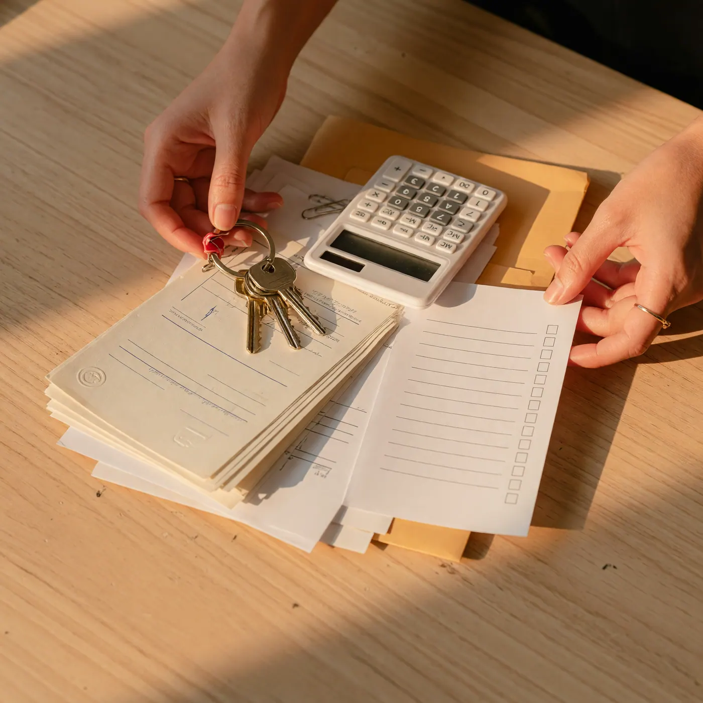 Manos organizando documentos de propiedad, llaves y calculadora para preparar una venta