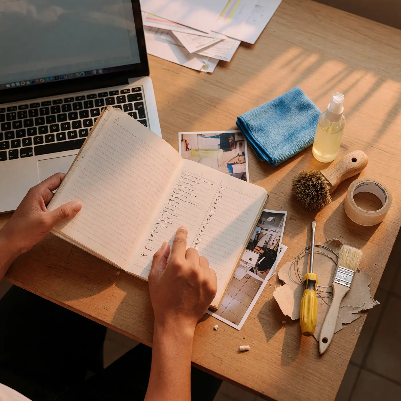 Manos revisando dos columnas de un cuaderno junto a un portátil y herramientas de servicio