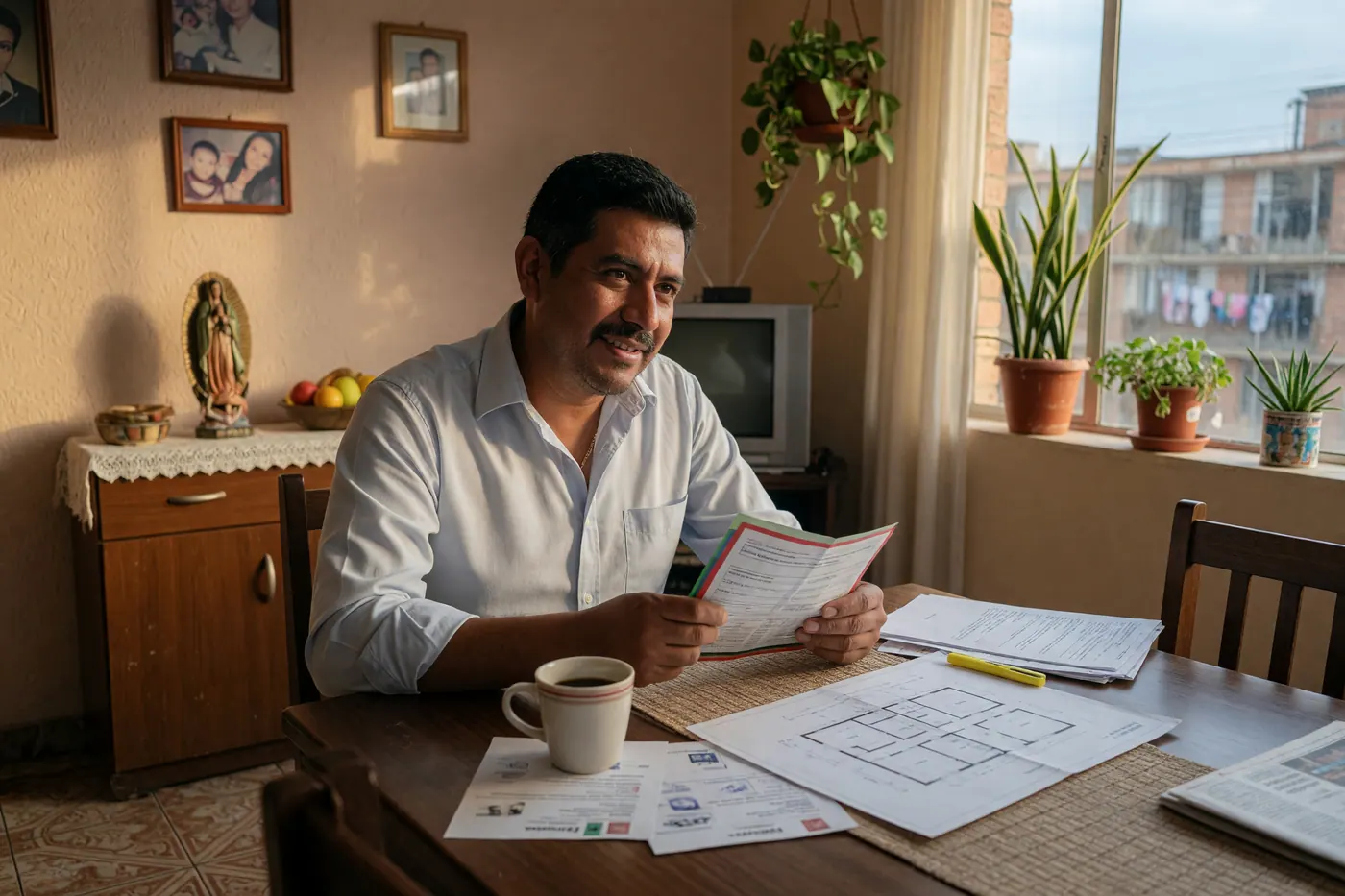 Trabajador colombiano revisa documentos de vivienda y un plano sobre una mesa de madera en un apartamento iluminado