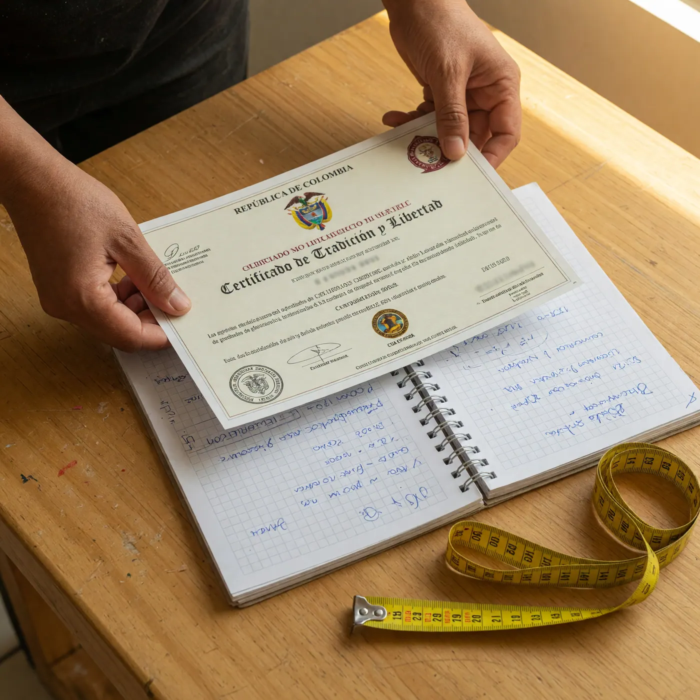Manos sostienen un Certificado de Tradición y Libertad impreso junto a un cuaderno de presupuesto y un flexómetro