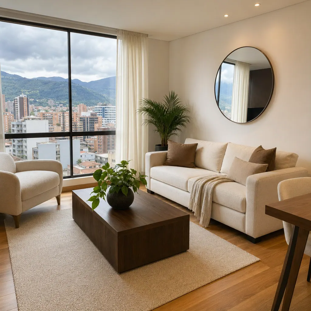 Bright furnished apartment living room in Colombia with wooden floors and city view through large window