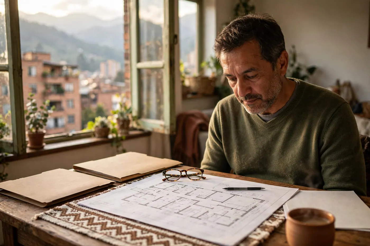 Propietario de mediana edad revisando un plano arquitectónico y carpetas de documentos junto a una ventana con edificios de ladrillo y montañas