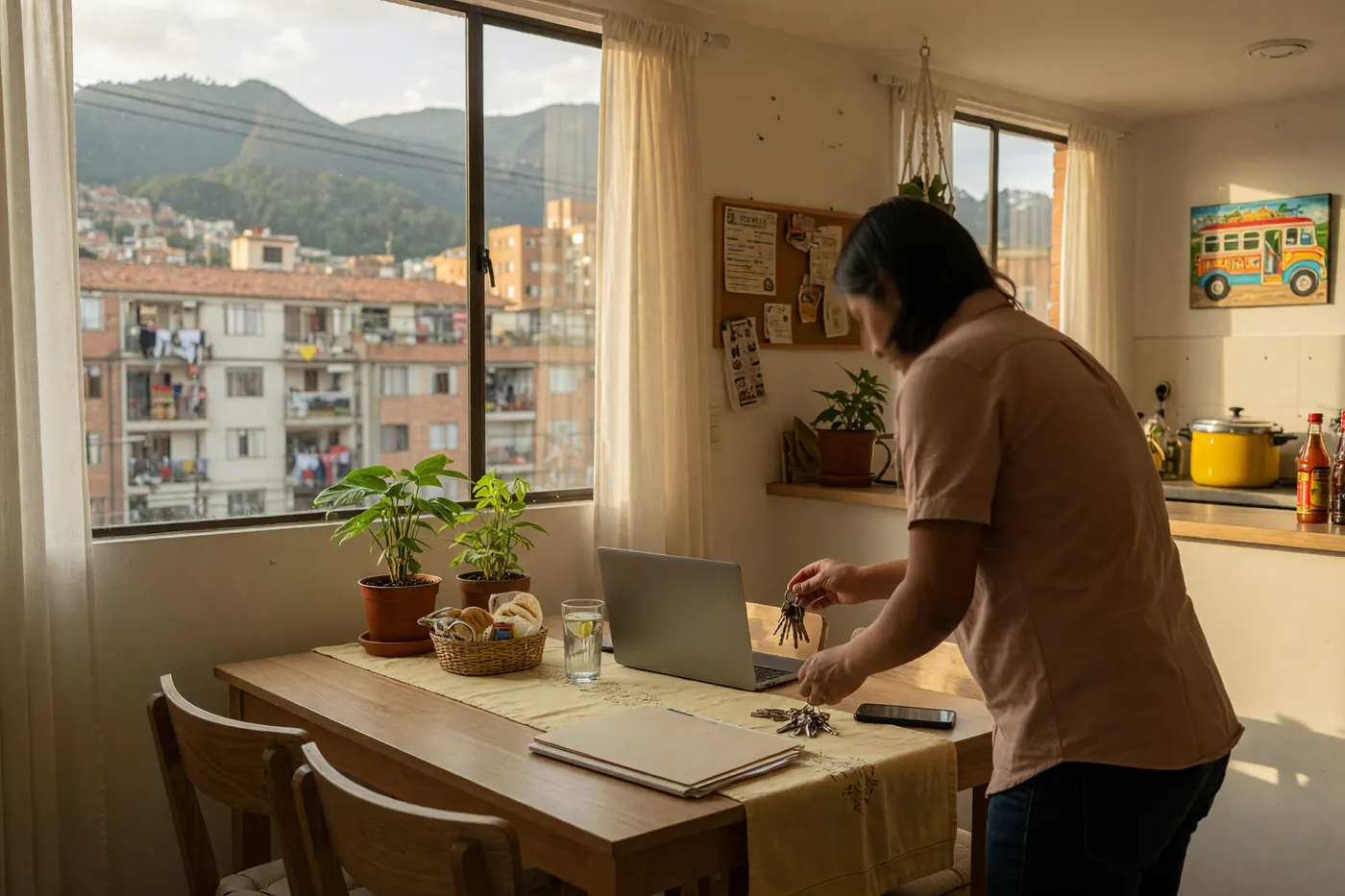Colombian short-term rental host preparing apartment keys and compliance records