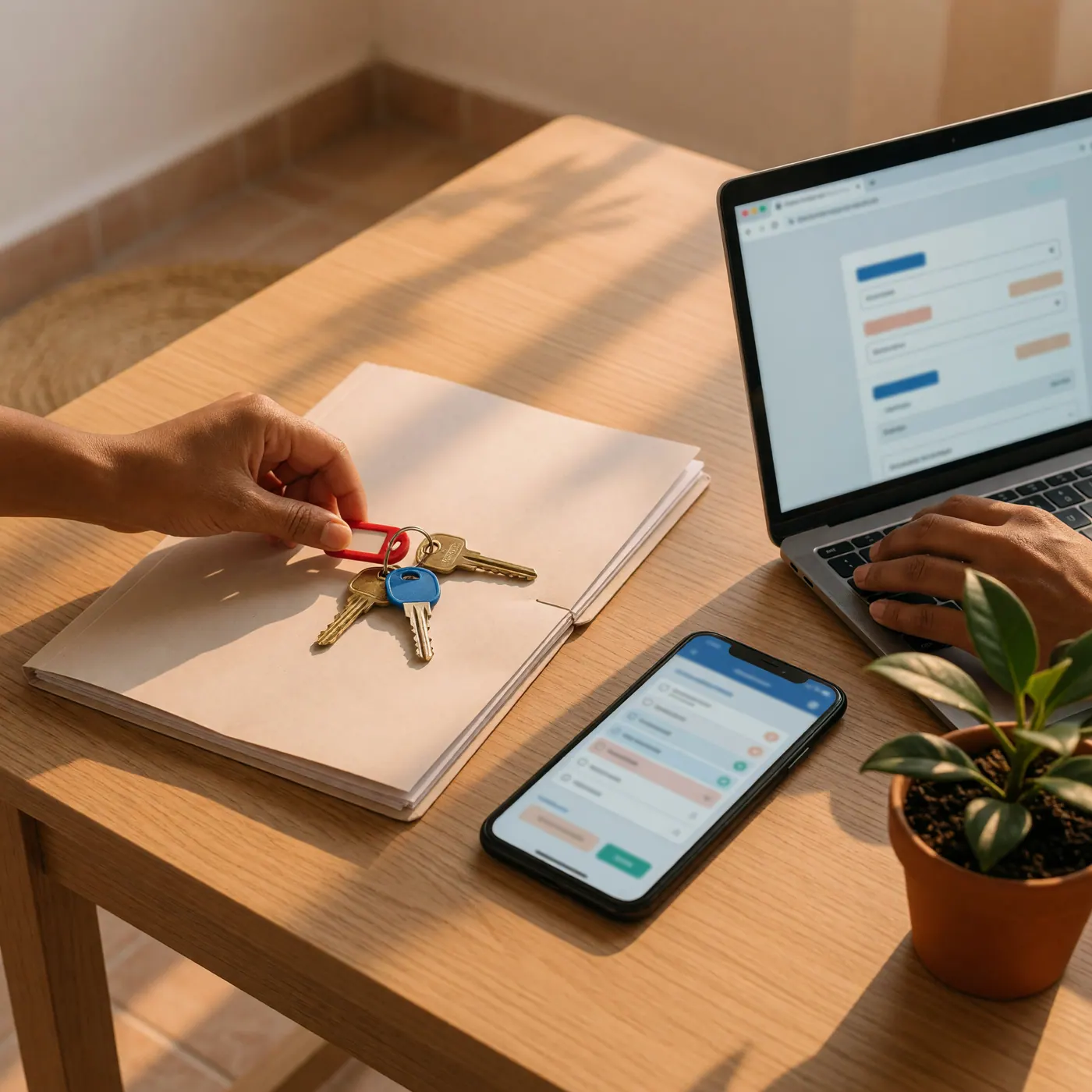 Short-term rental host organizing keys, guest records, and digital reporting steps in Colombia