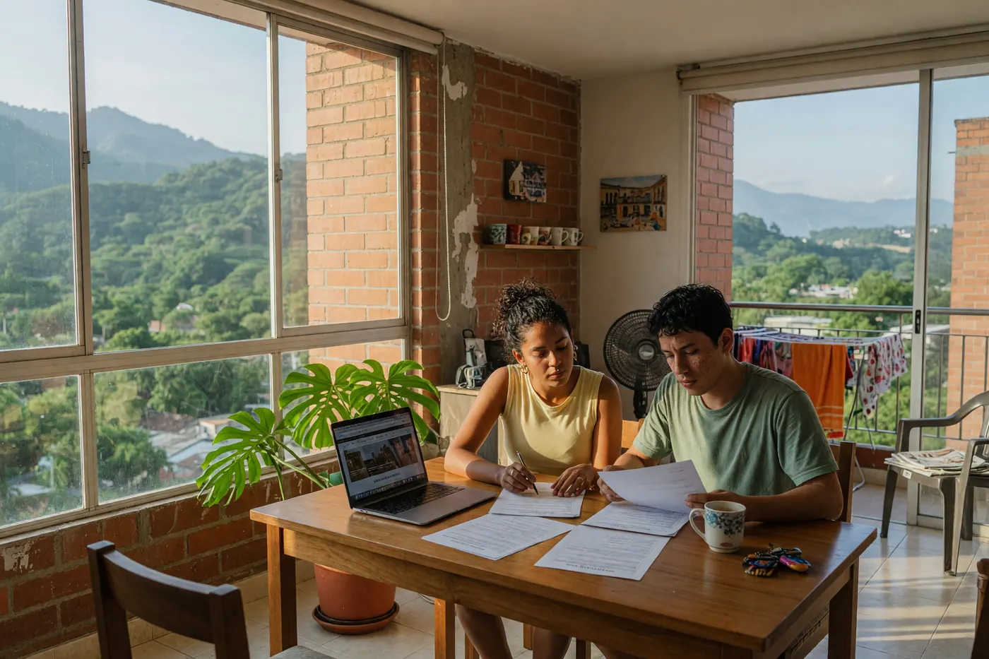 Two flatmates sitting at a wooden dining table reviewing rental papers in a brick apartment with mountain hills outside the windows