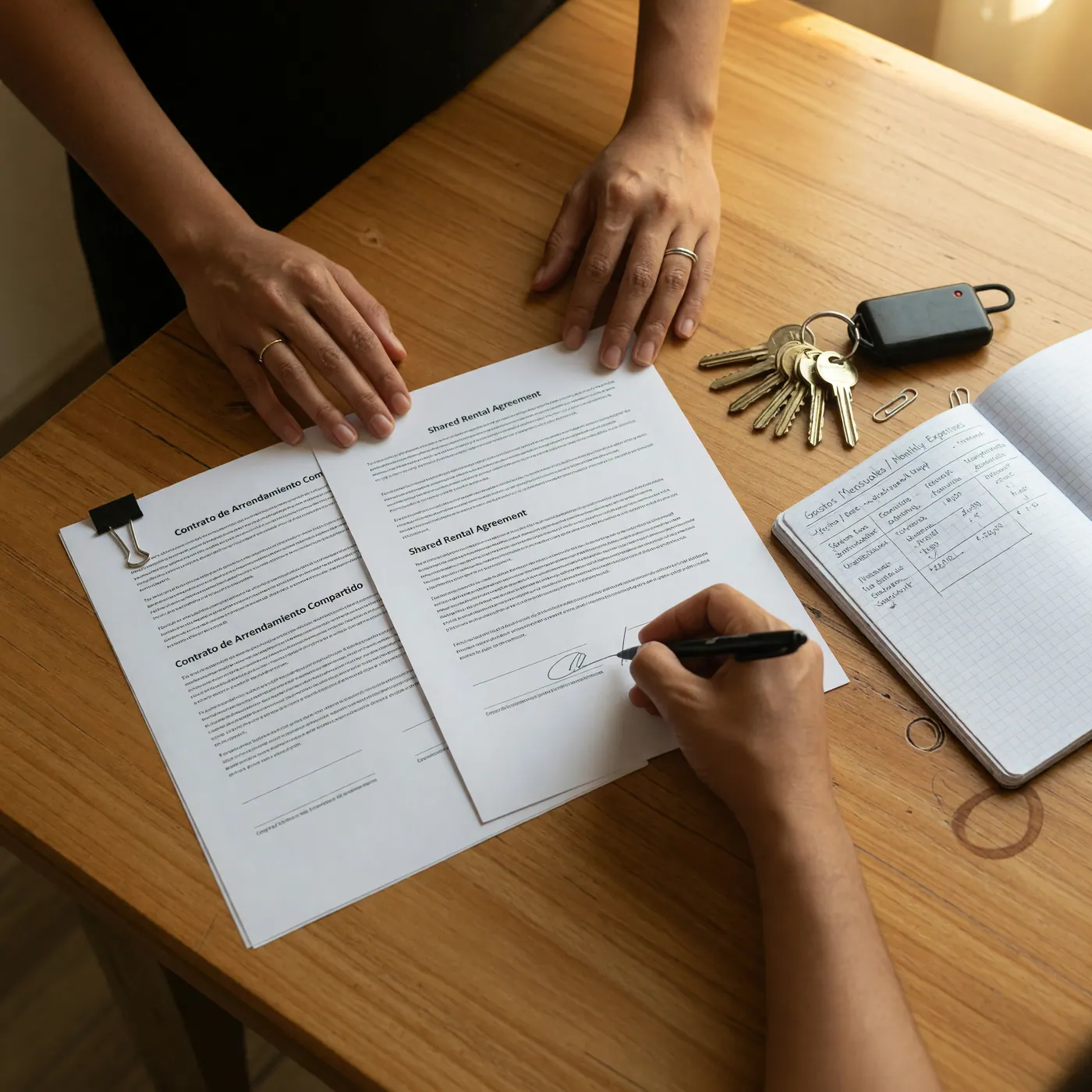 Close-up of hands signing a rental agreement next to apartment keys with a security fob and an expense notebook