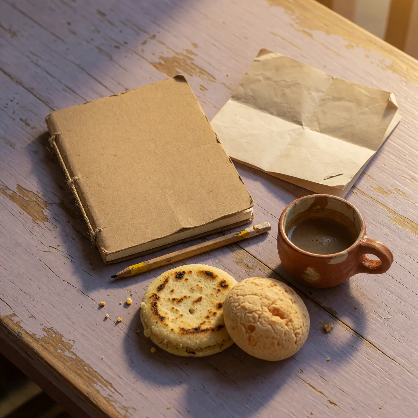 Cuaderno cerrado, mapa sin texto, cerámica, arepa y almojábana sobre una mesa