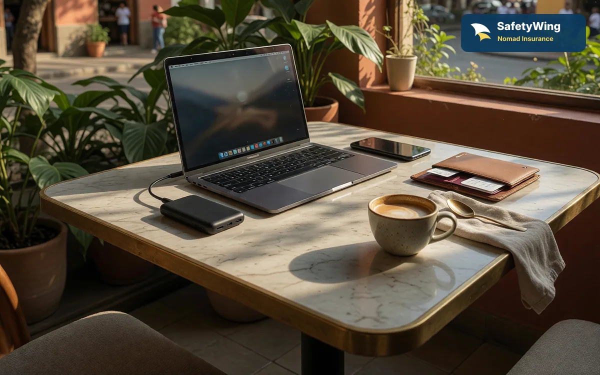 Remote worker in a Medellin cafe with laptop, phone, power bank and SafetyWing Nomad Insurance corner mark