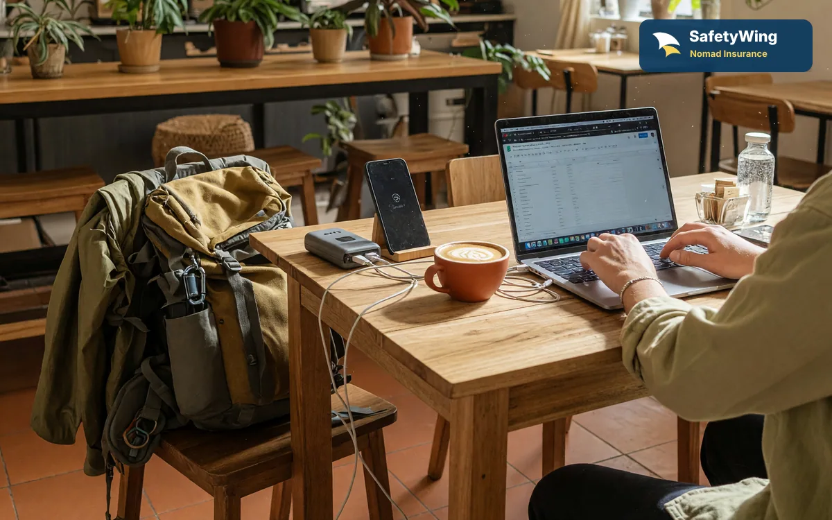 Remote worker in a Medellin cafe with laptop, phone, power bank and SafetyWing Nomad Insurance corner mark
