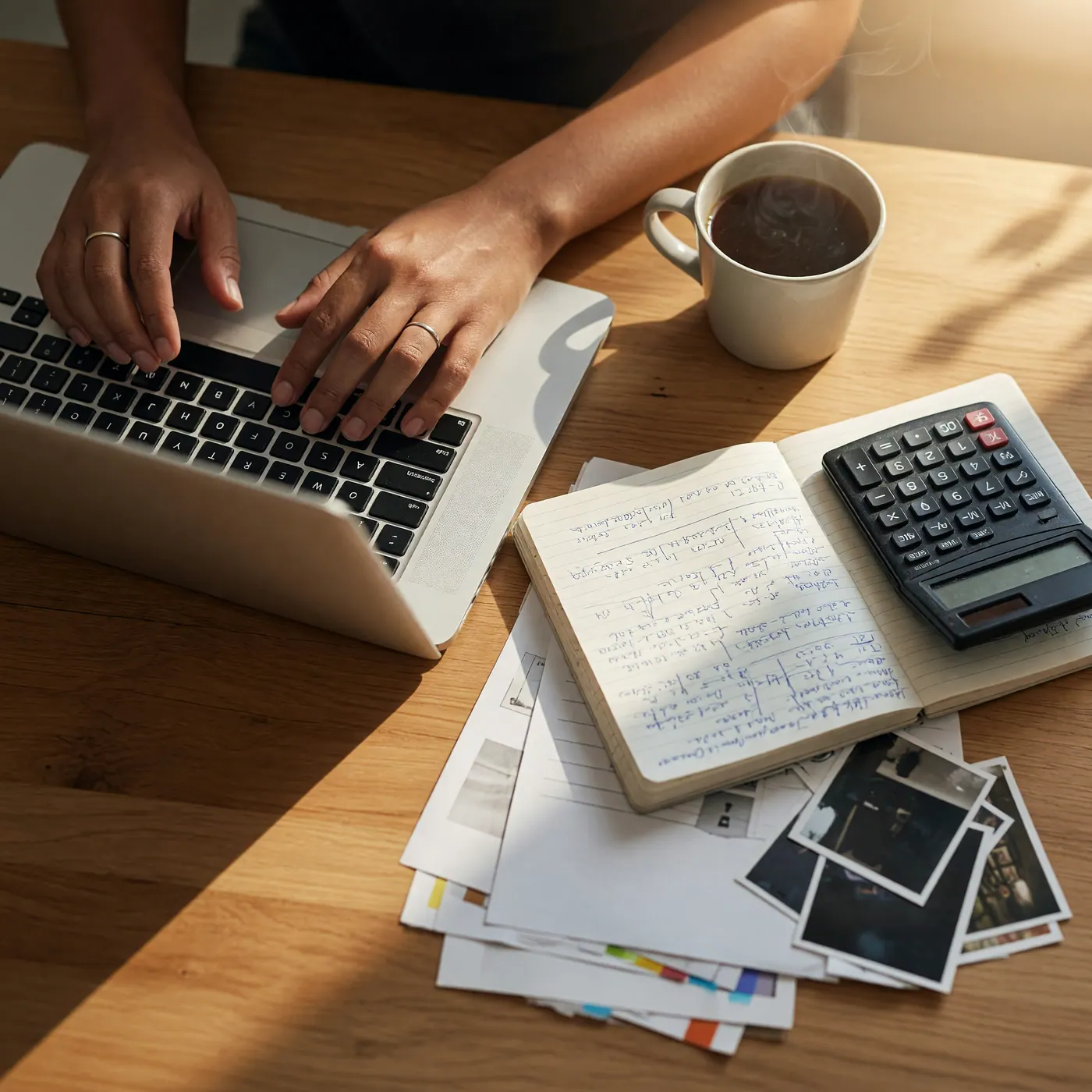 Manos de un trabajador colombiano escribiendo en un portátil junto a una libreta con cálculos, calculadora y un tinto