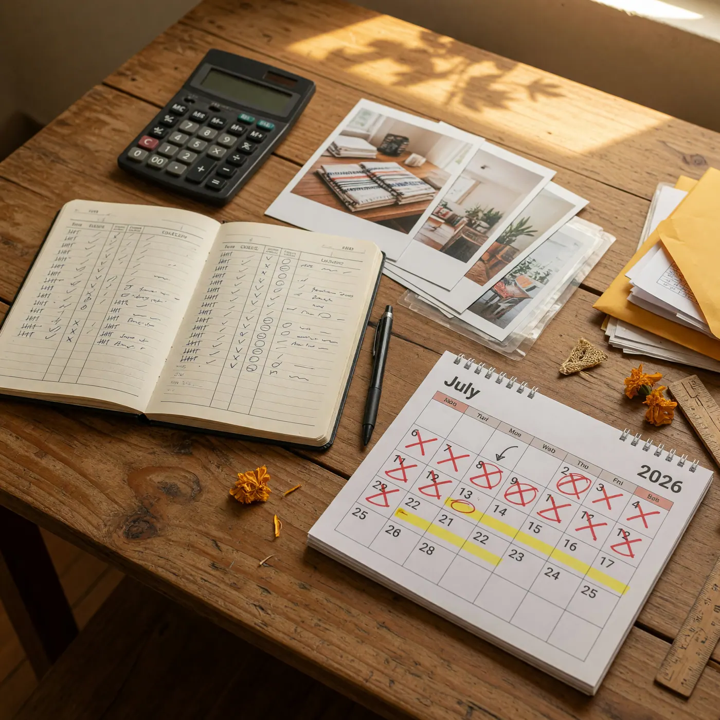 Calculadora, cuaderno de nómina y calendario de julio sobre un escritorio de madera.
