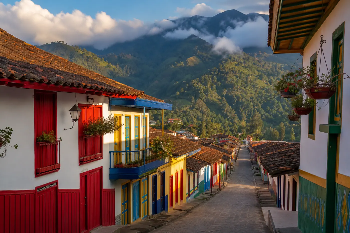 Colorful colonial buildings lining a cobblestone street in Salento, Colombia, with Andean mountains in the background