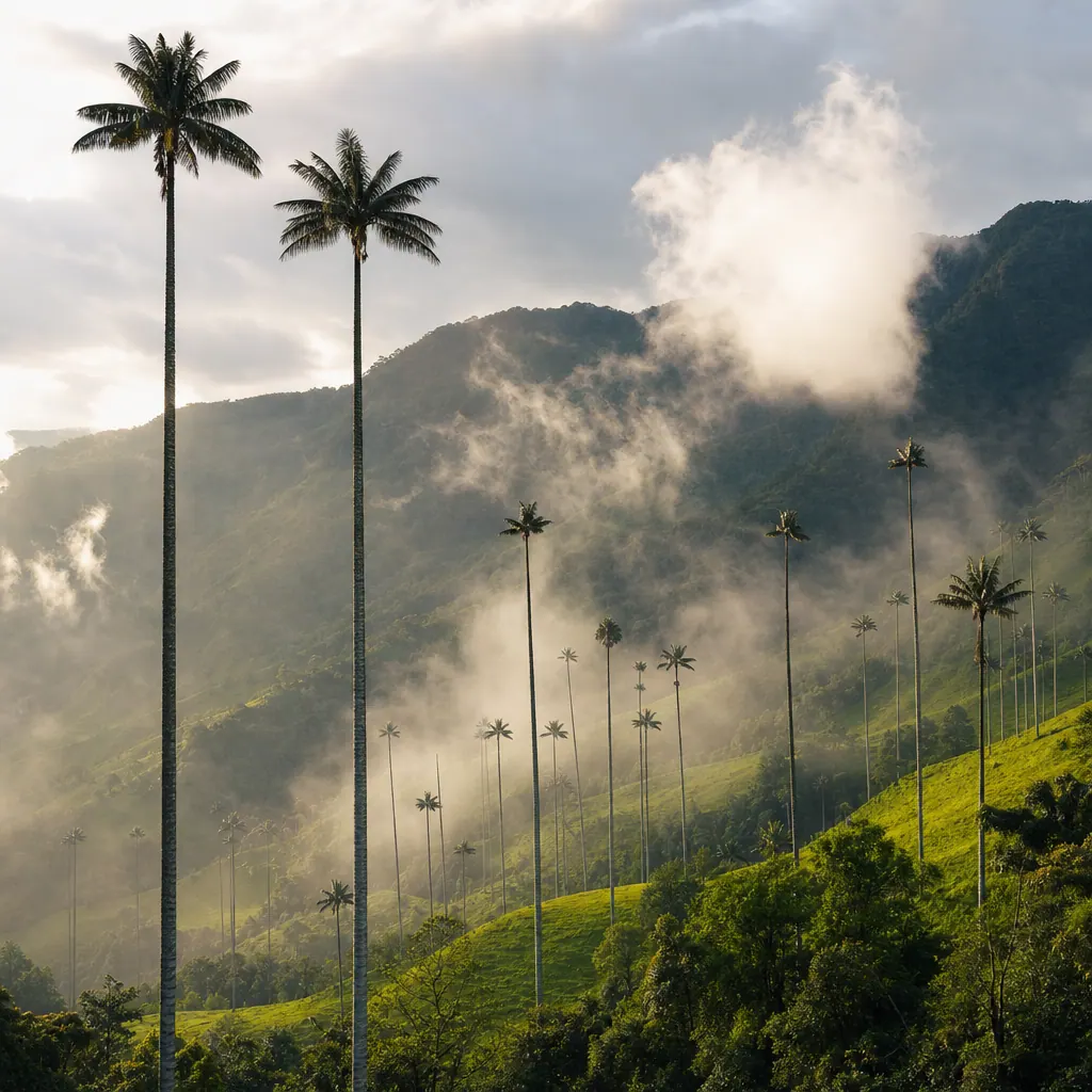 Towering wax palm trees in the Cocora Valley, Colombia — misty Andean landscape