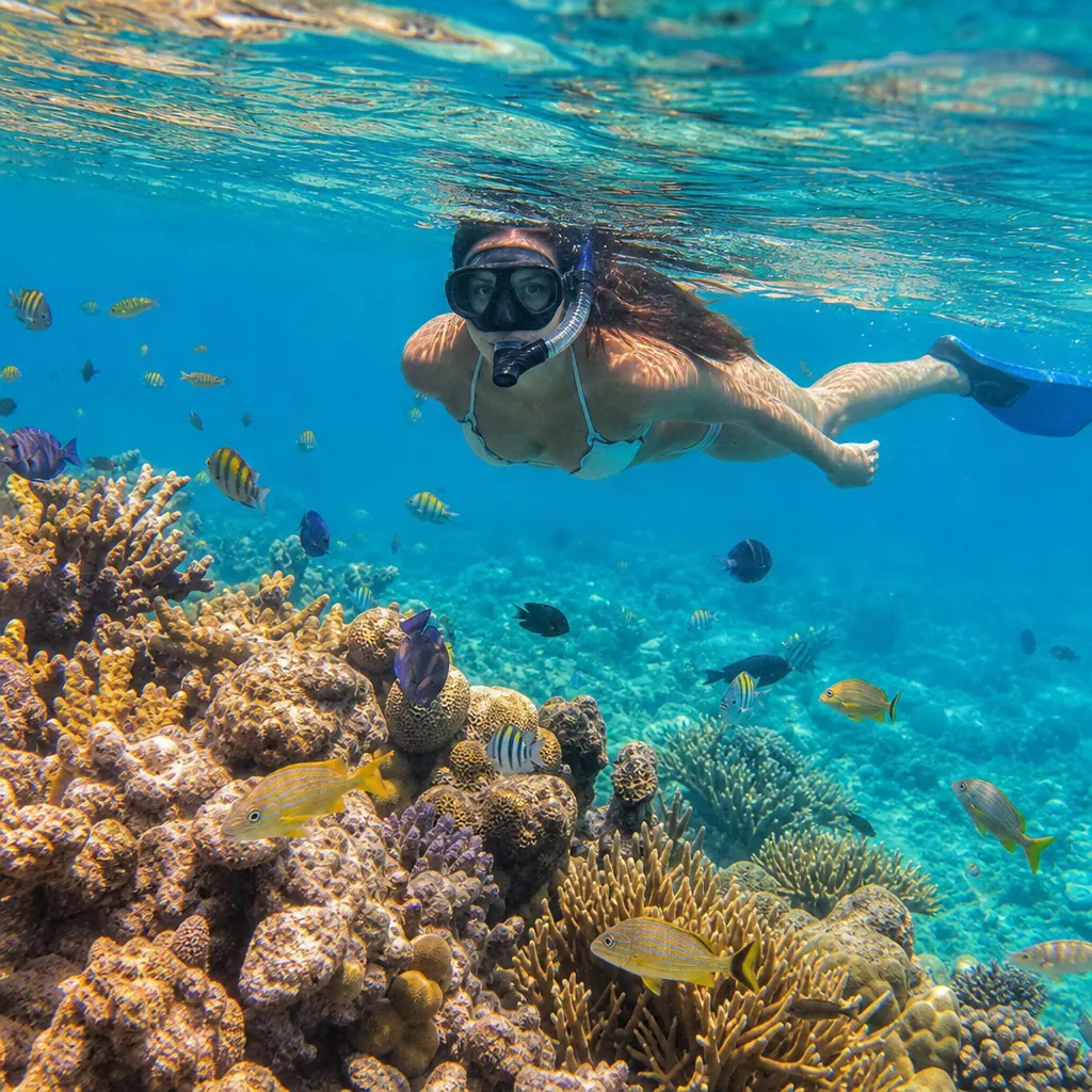 Snorkeler swimming over colorful coral reef in clear turquoise water at San Andrés Island, Colombia