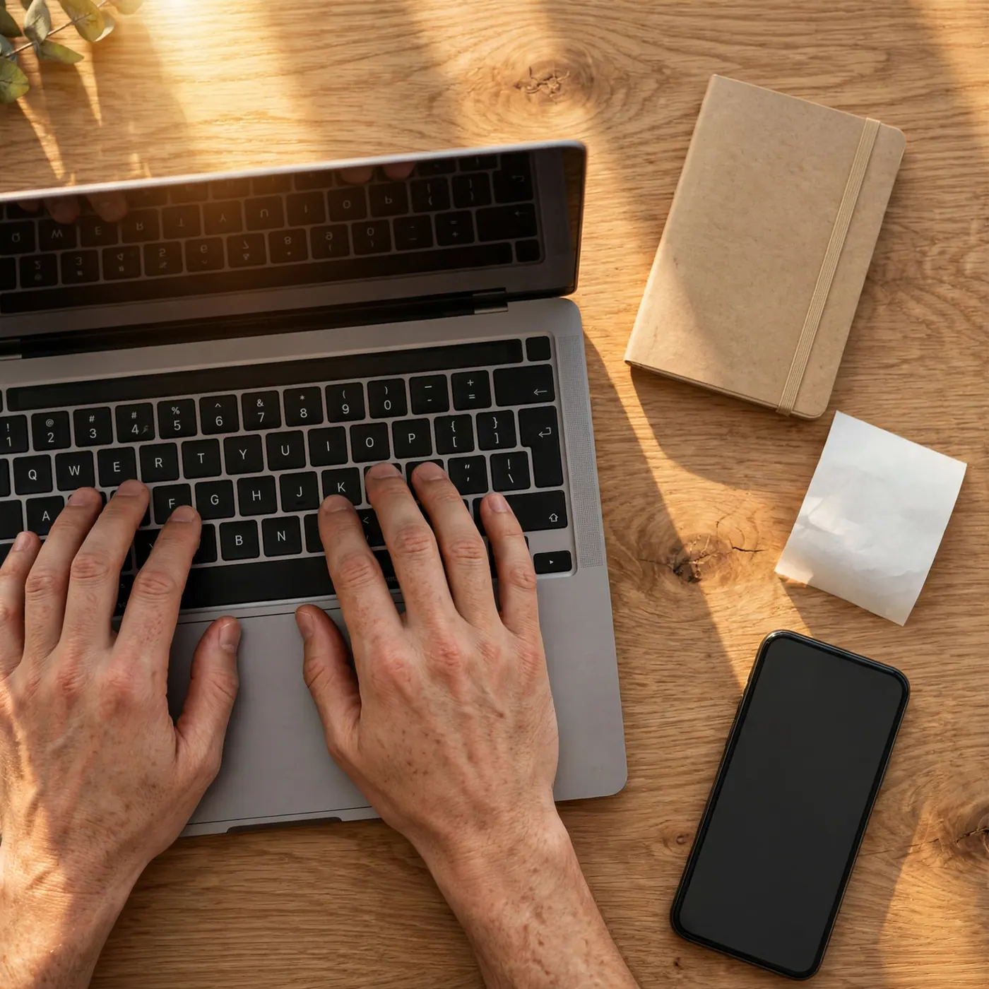 Manos escribiendo en el teclado de un portátil sobre un escritorio de madera junto a un cuaderno y un teléfono