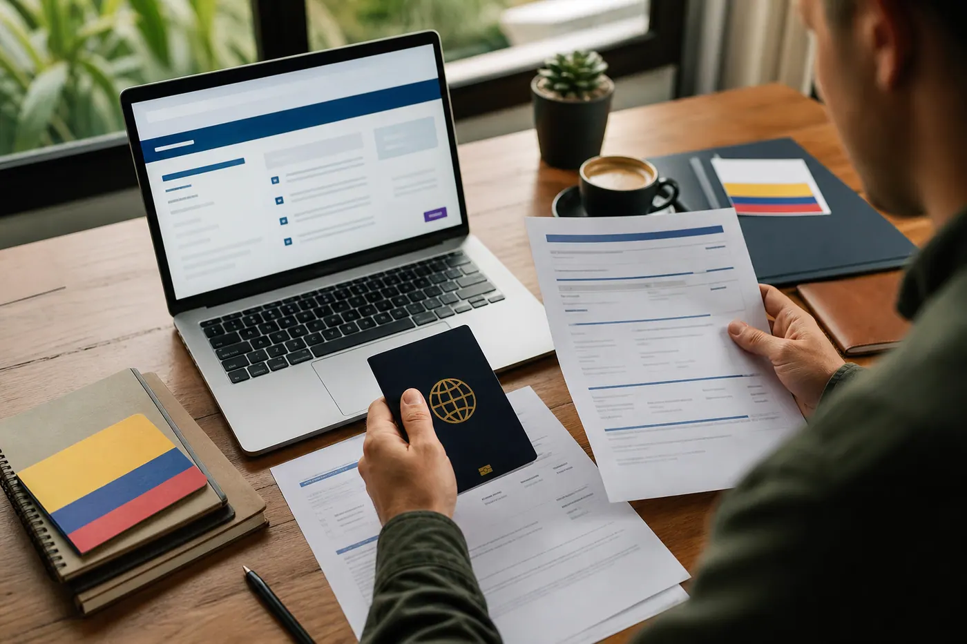 Passport, visa documents, and appointment paperwork for a Colombia cedula de extranjeria request