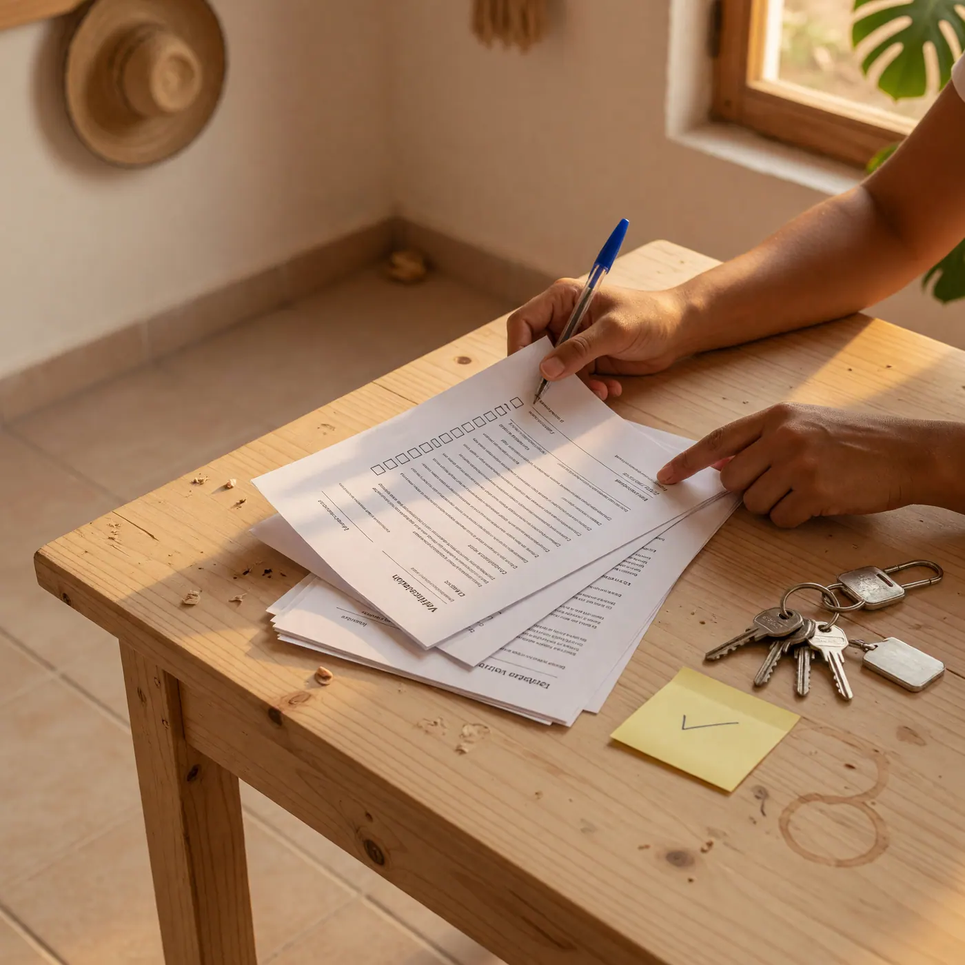 Manos revisando documentos de contrato de arriendo y lista de chequeo junto a llaves de apartamento, fondo neutro de hogar colombiano