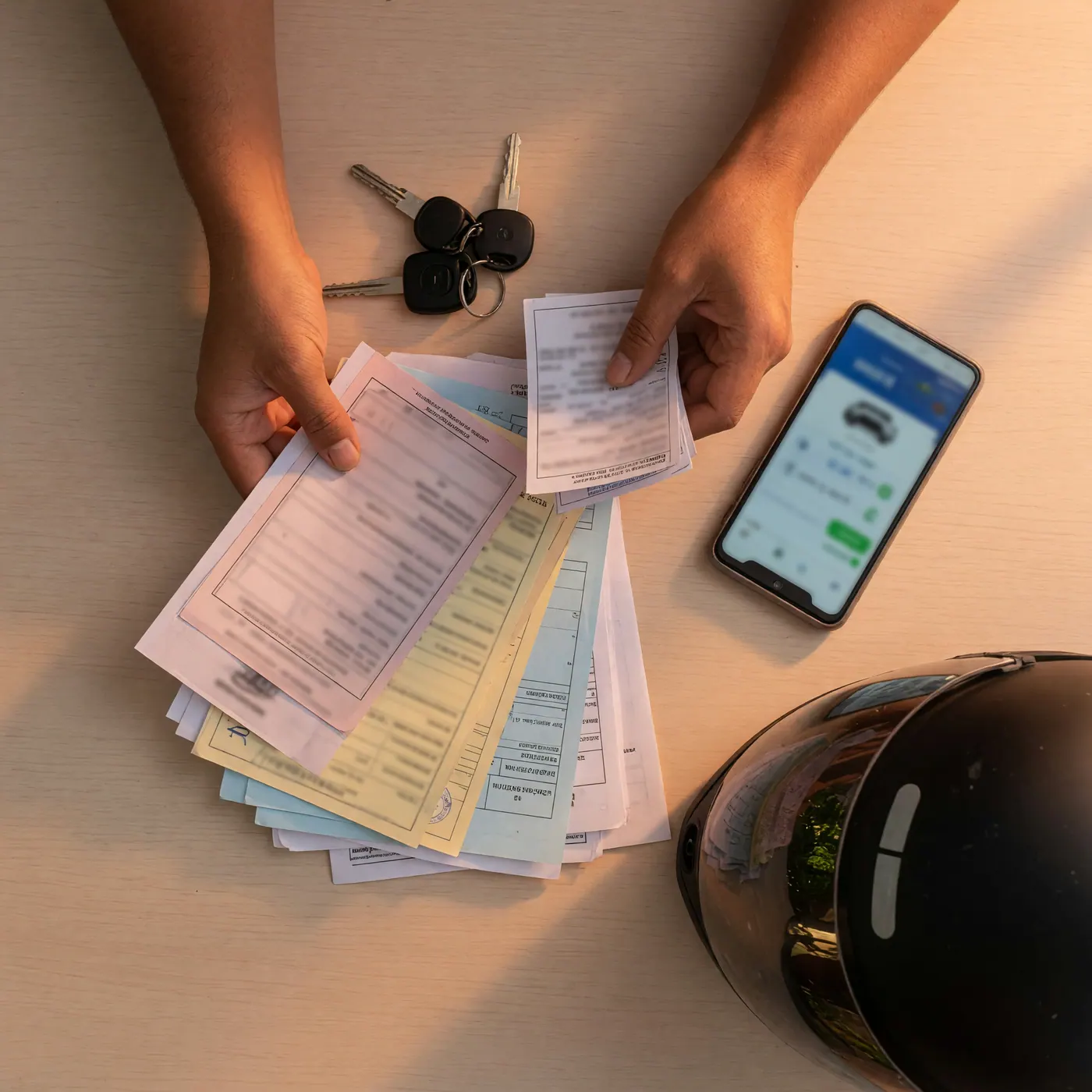 Hands organizing vehicle paperwork and keys on a table with a phone showing a blurred vehicle-check screen and a motorcycle helmet at the edge