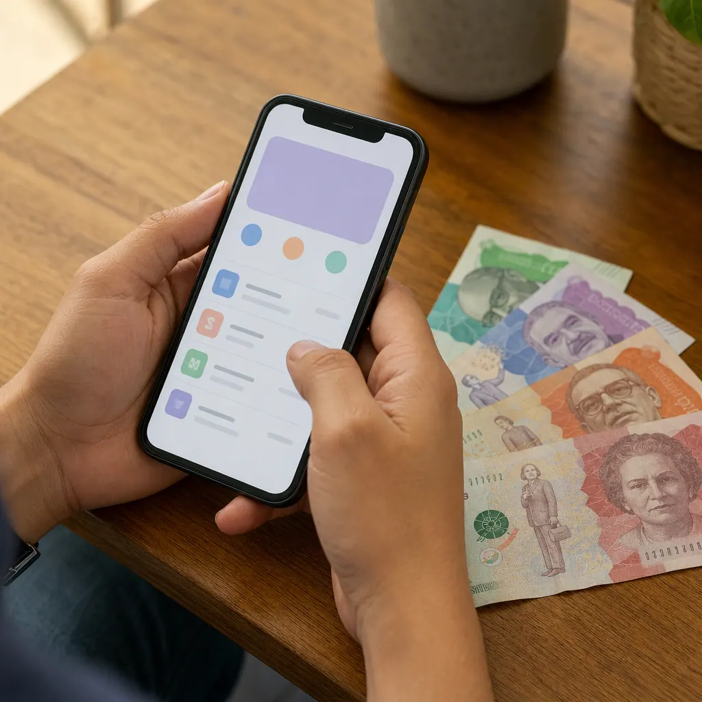A smartphone showing a money-transfer app next to Colombian peso banknotes