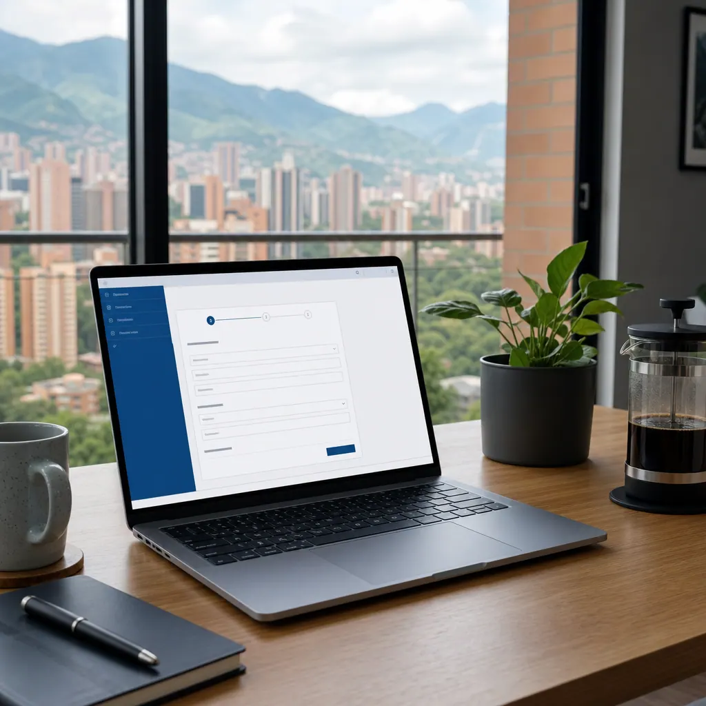Laptop open on a banking transfer page in a Medellín apartment with city view
