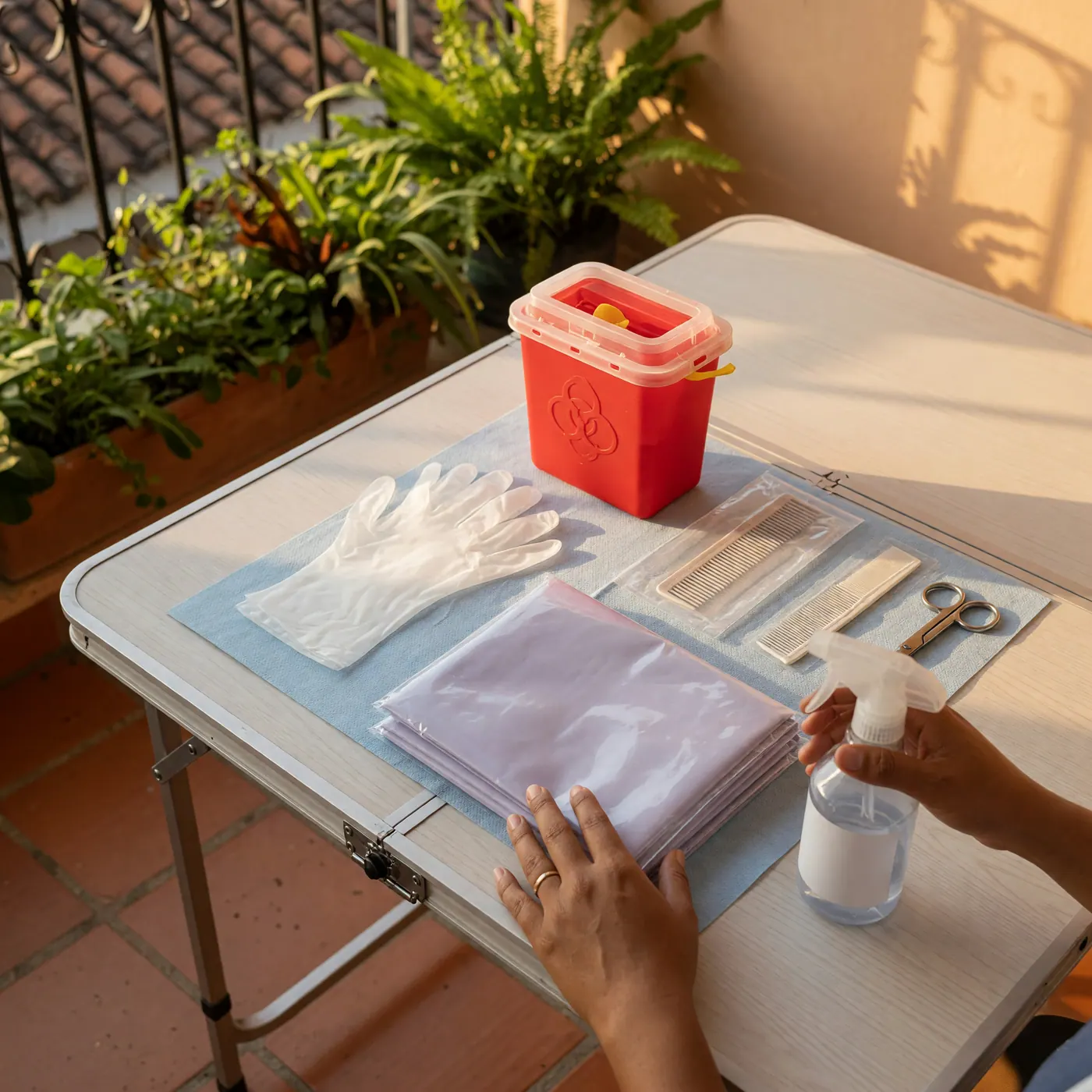 Kit móvil de bioseguridad para belleza con desinfectante, guantes, capas desechables y contenedor rojo para cortopunzantes