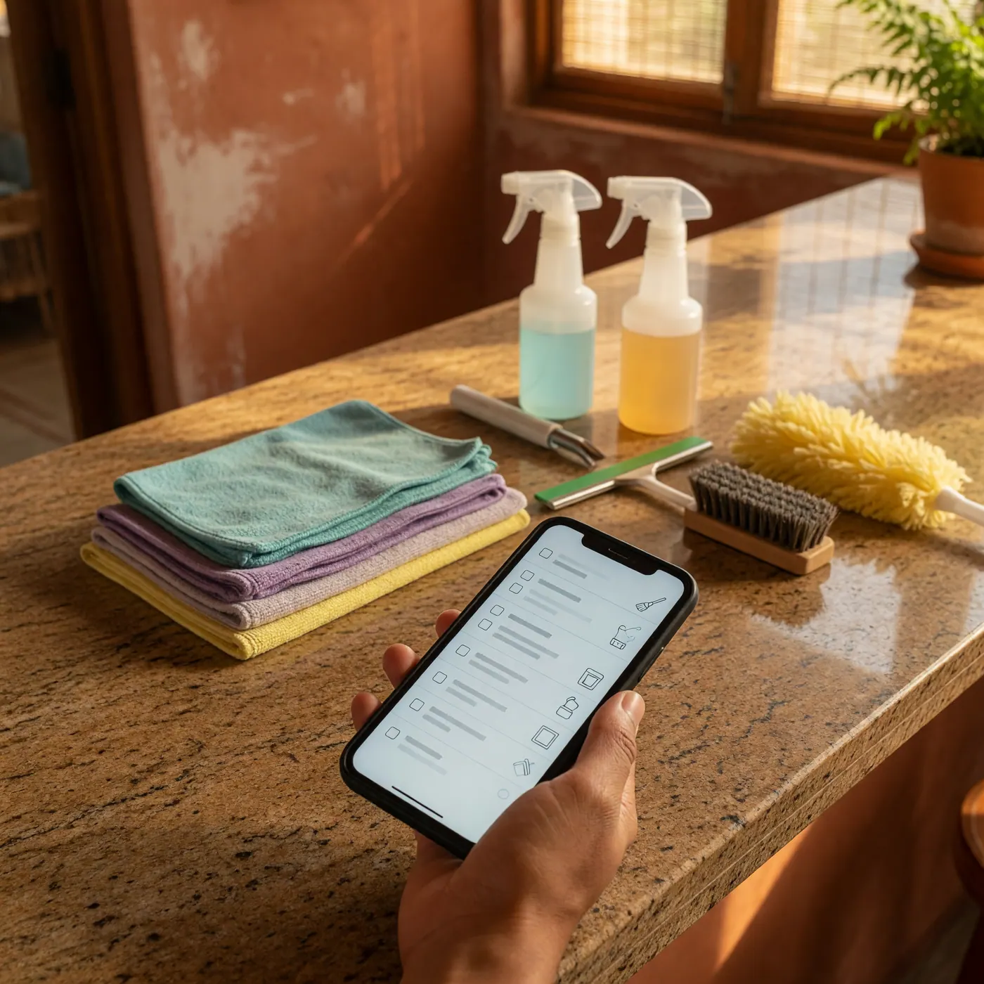 Mano sosteniendo un celular con una lista de limpieza junto a paños, atomizadores y cepillos