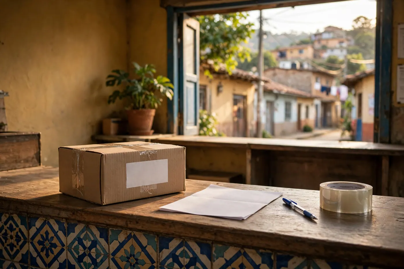 Sealed cardboard box with an address label, a paper customs form, a pen and packing tape on a courier counter