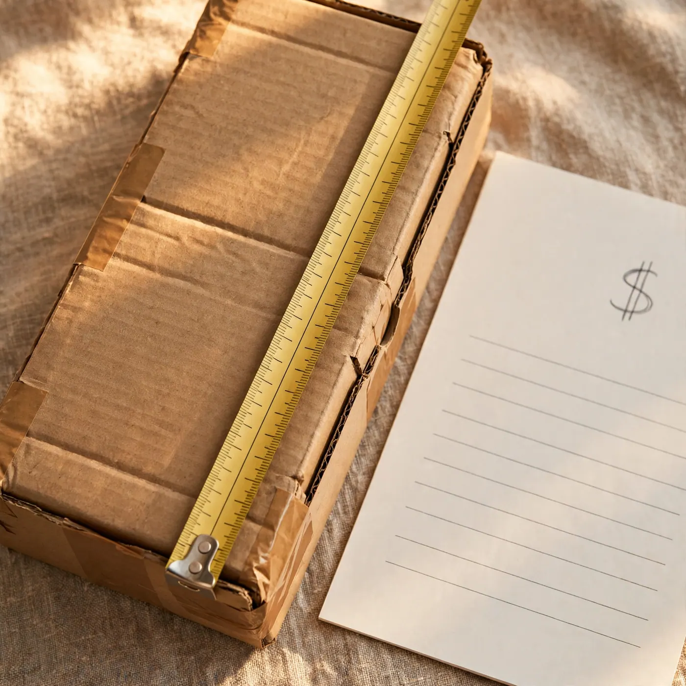 Tape measure along the longest side of a cardboard box beside a blank commercial invoice sheet