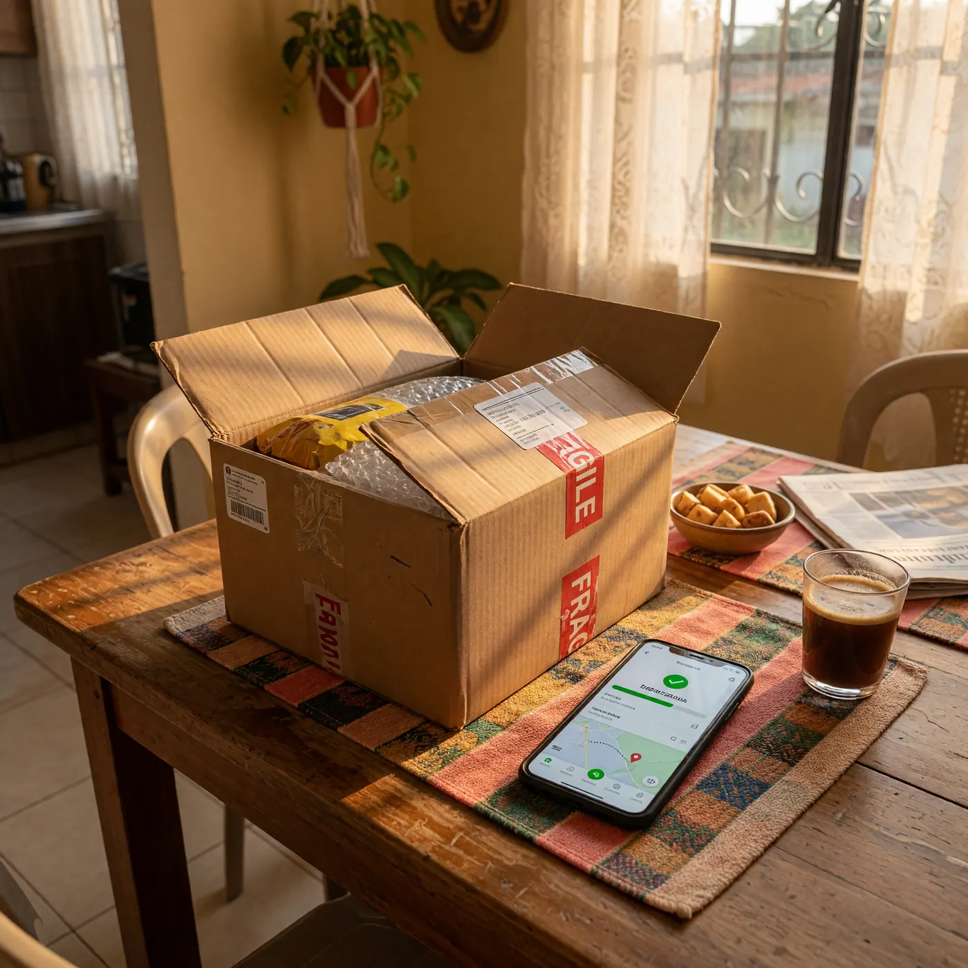 A package from a U.S. store being delivered to a home in Colombia, with a smartphone displaying tracking information