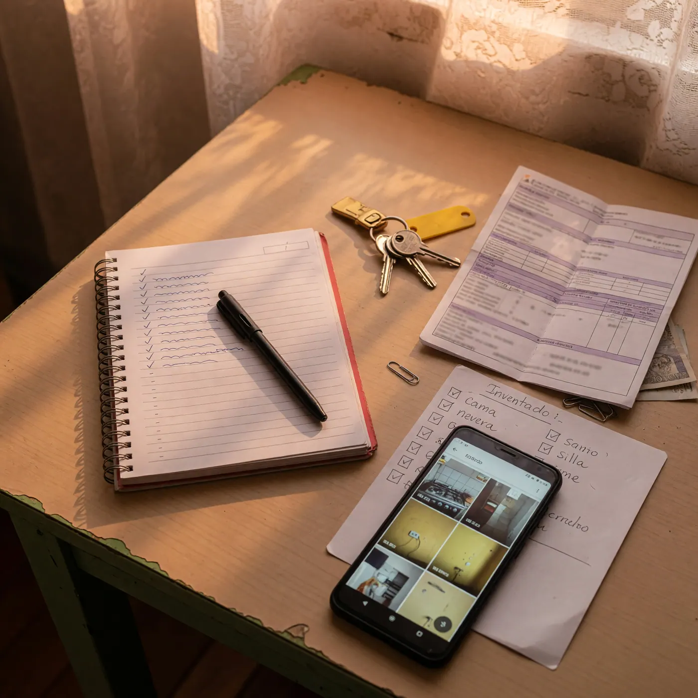 Apartment keys, a notebook checklist, rental documents and a phone with listing photos on a table