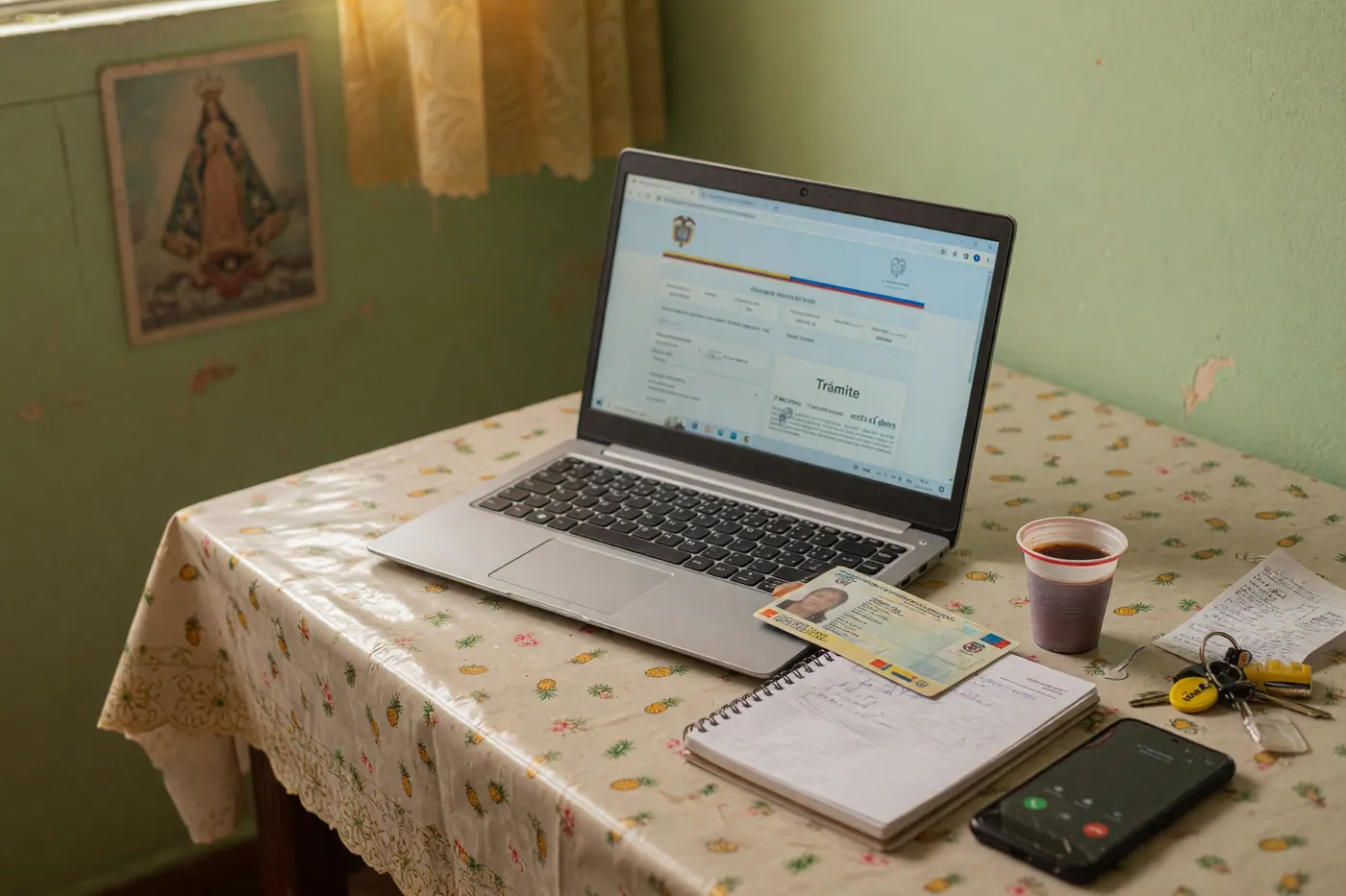 Persona consultando información del Sisbén en laptop con documentos sobre la mesa en hogar colombiano