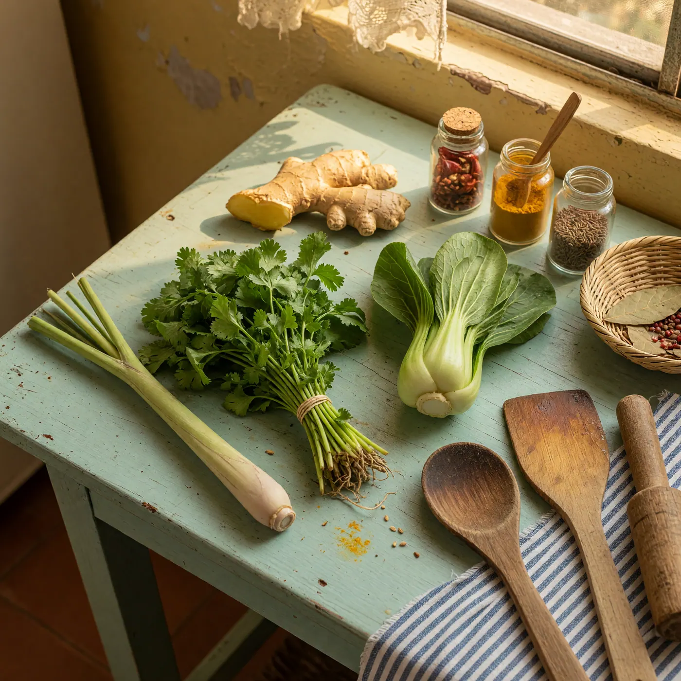Lemongrass, cilantro, bok choy, ginger, spices and wooden utensils on a sunlit kitchen table.