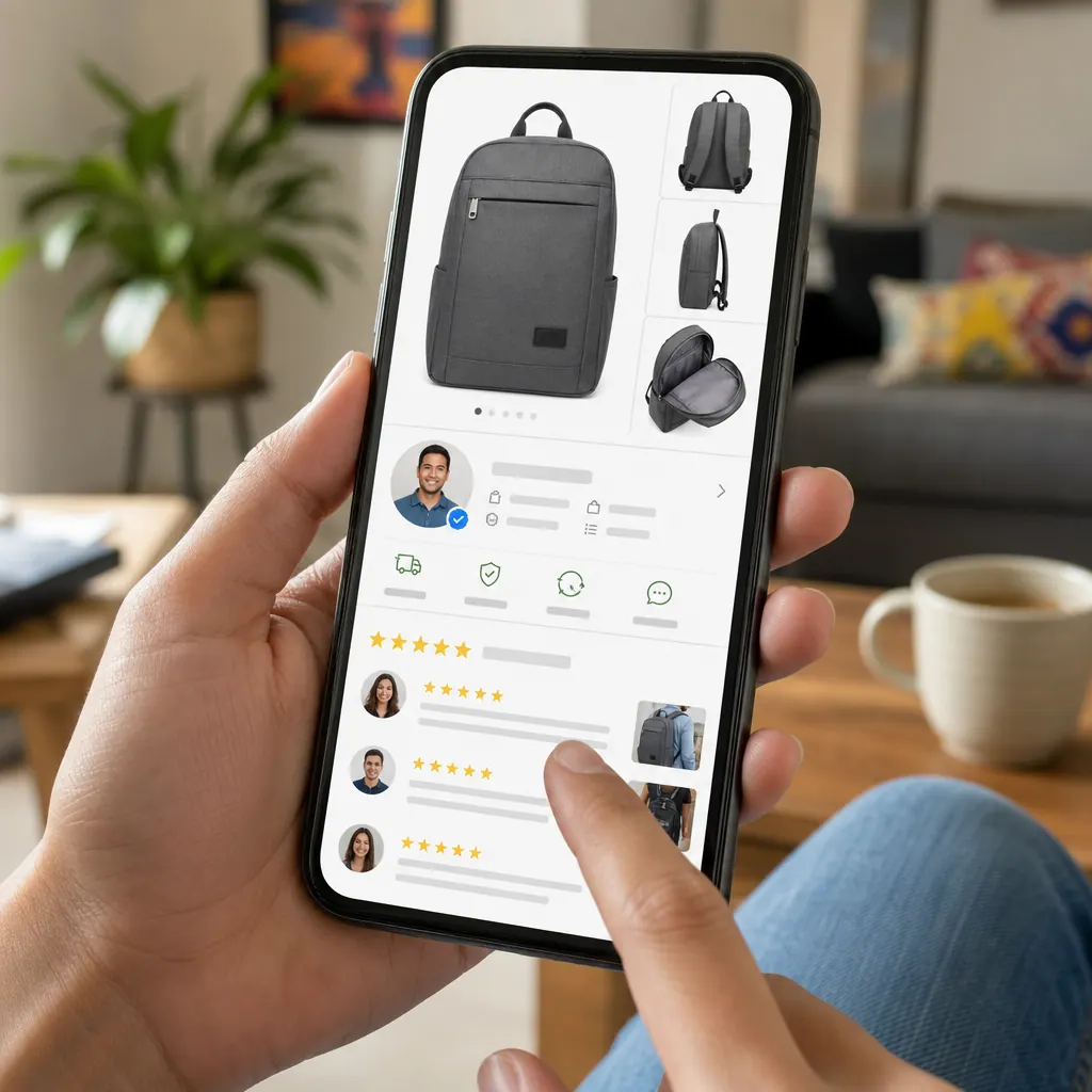 Smartphone showing a detailed seller profile with listings and reviews on Colombia Move