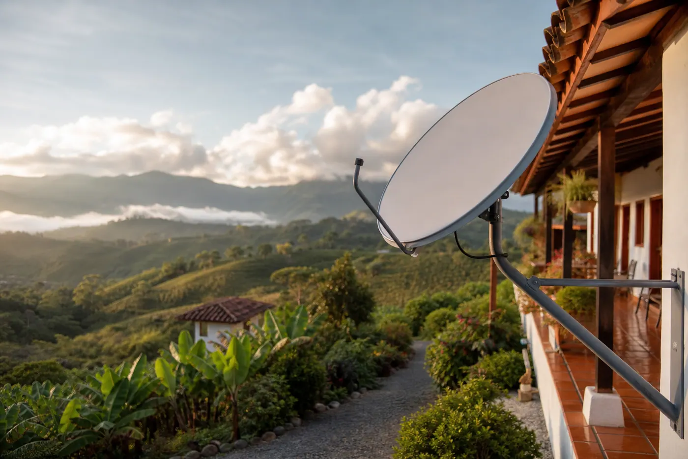 Starlink-style satellite internet dish on a rural Colombian finca with mountains in the background