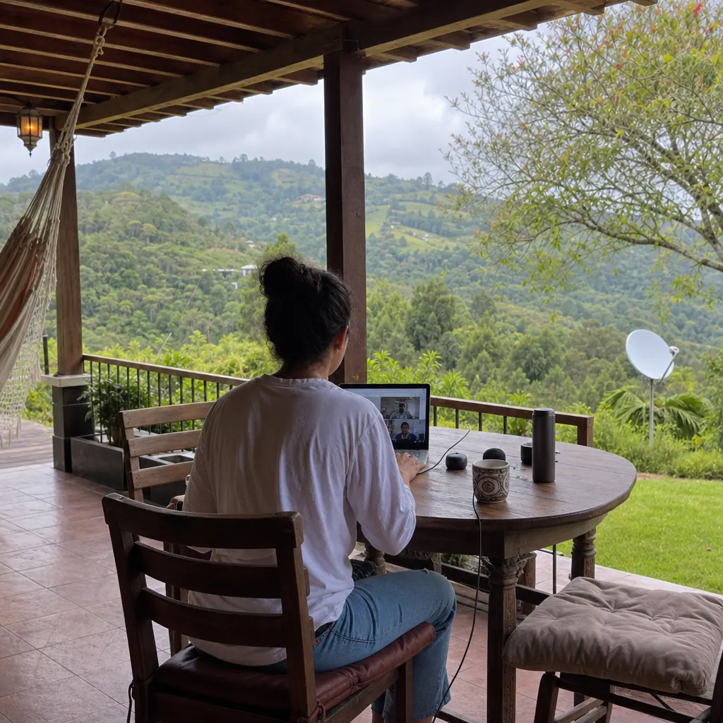 Remote worker using satellite internet on a porch at a Colombian casa campestre