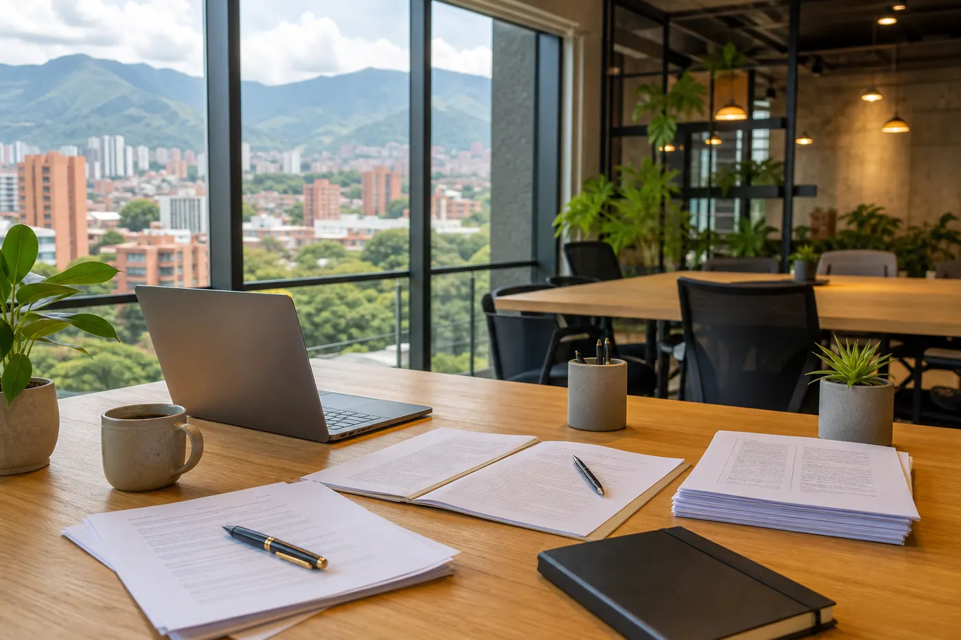 Modern coworking space in Medellín with legal incorporation documents on a desk