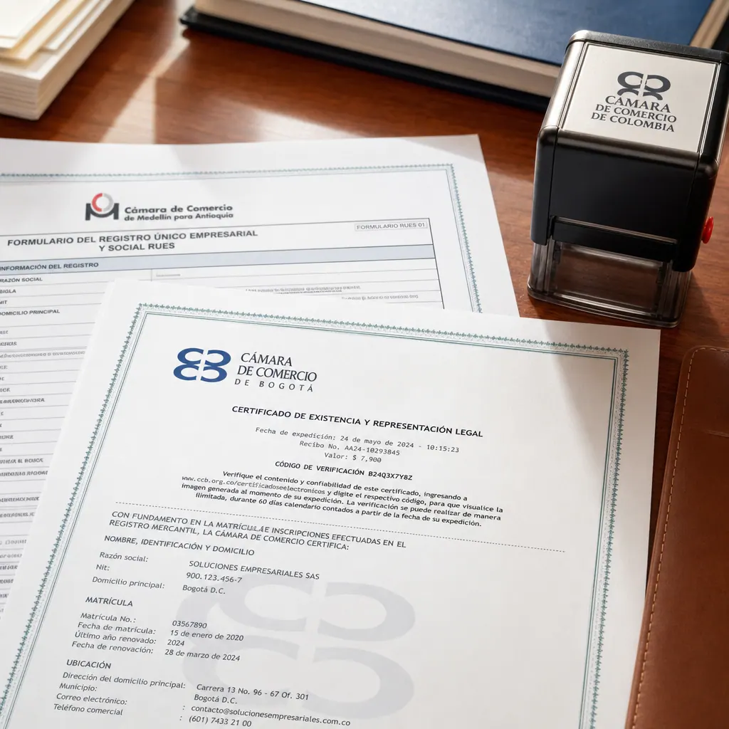 Colombian business registration documents and official company stamp on a desk