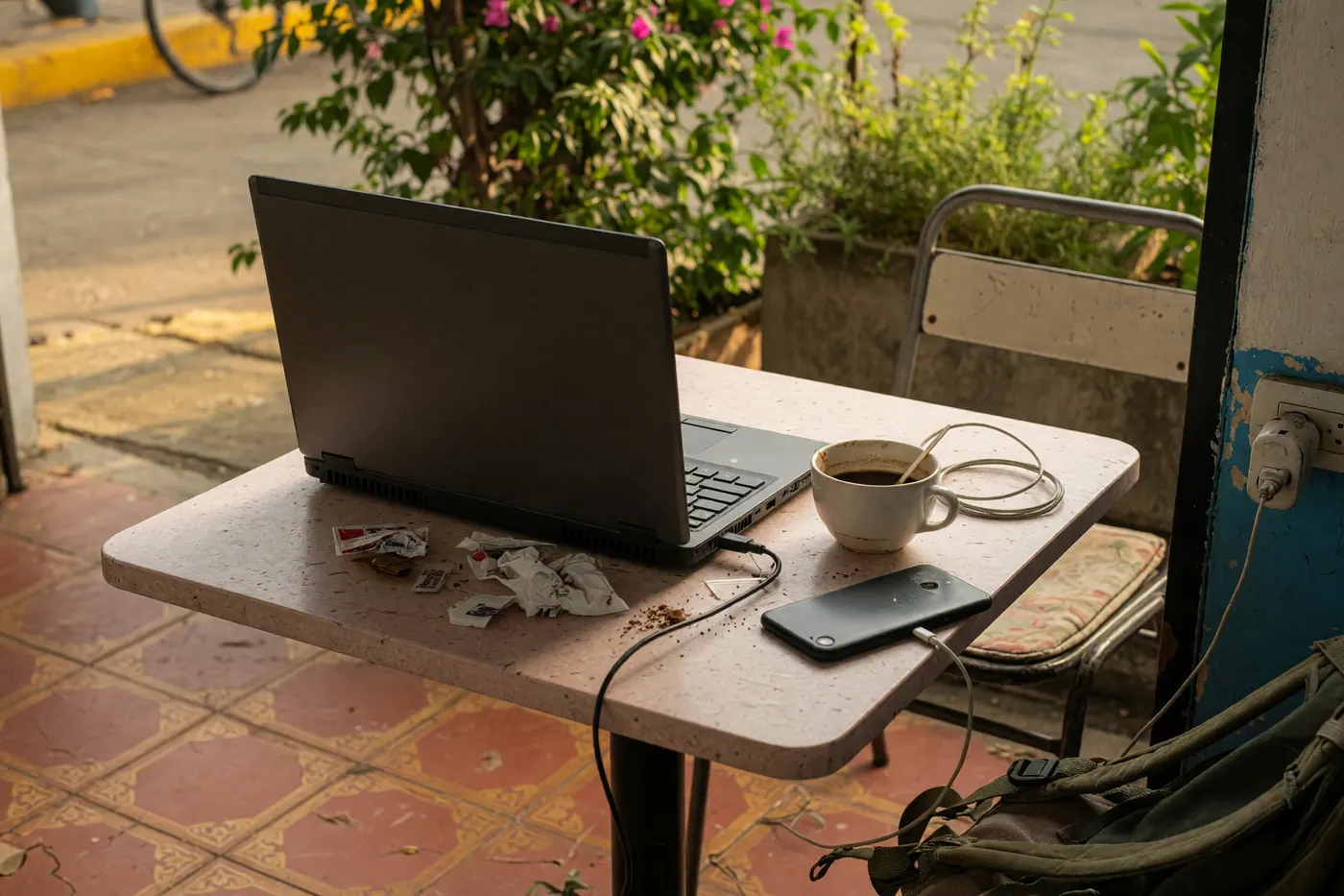 Unbranded laptop, phone, coffee and backpack kept close on a modest cafe table near street greenery