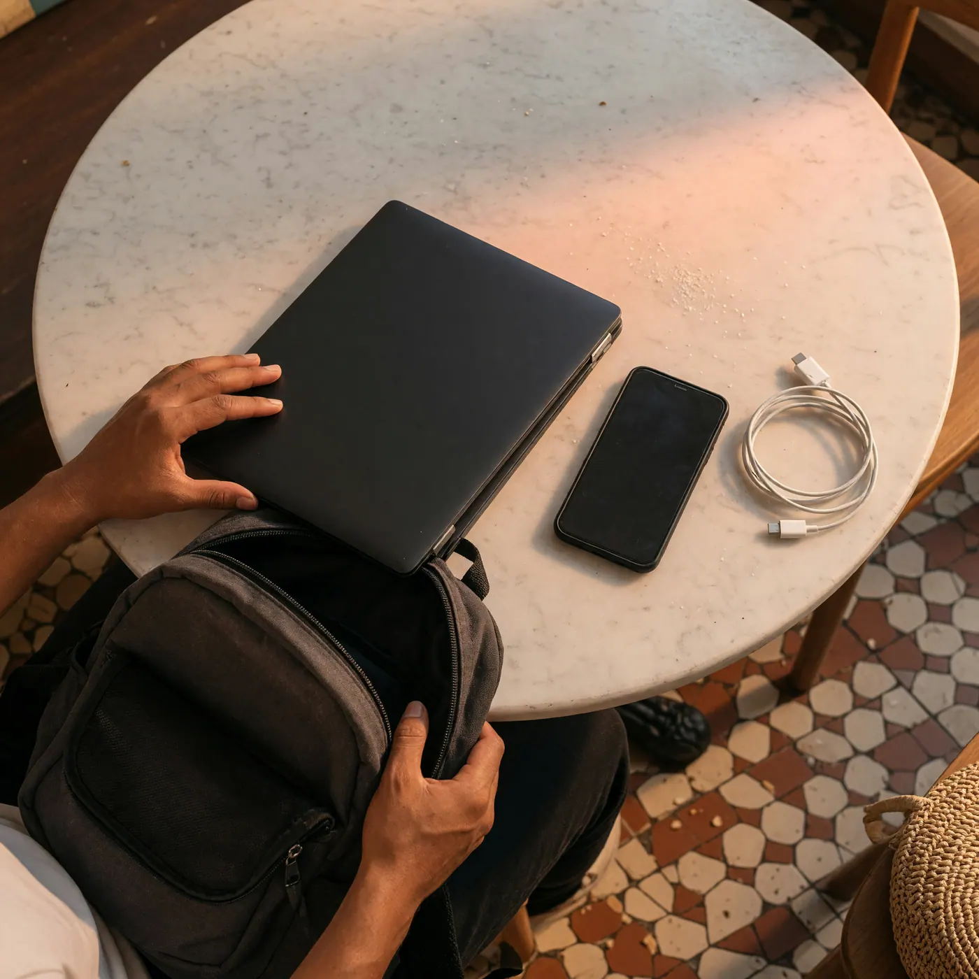 Hands packing a closed laptop beside a phone, charger and backpack on a cafe table